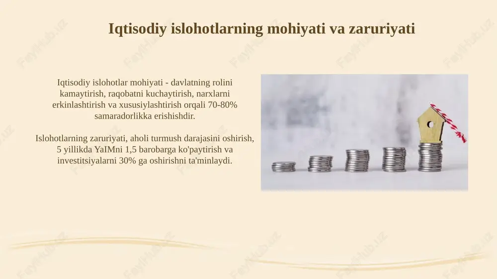 izini tashkil etadi, bu 1990-yillardagi 5 foizdan sezilarli o'sishni ko'rsatadi. xorijiy investitsiyalarning xususiy mulk sektoriga jalb etilishi xorijiy investitsiyalar xususiy mulk sektoriga texnologiyalarni o'tkazish va innovatsiyalarni joriy etish orqali raqobatbardoshlikni oshirishga yordam beradi, natijada 20% unumdorlik o'sishi kuzatiladi. xususiy mulk sektoriga yo'naltirilgan xorijiy kapital, ko'pincha davlat-xususiy sheriklik (dxsh) loyihalarini moliyalashtiradi va bu orqali 15 yilgacha bo'lgan infratuzilma rivojlanishini tezlashtiradi. iqtisodiy islohotlarning xususiy mulk shakllanishidagi roli iqtisodiy islohotlar davlat aktivlarini xususiylashtirish orqali xususiy mulkni shakllantirishga yordam berdi, bunda 7000 dan ortiq korxona aksiyadorlik jamiyatlariga aylantirildi. iqtisodiy islohotlar xususiy mulkni rivojlantirish uchun investitsiya muhitini yaxshiladi, soliq imtiyozlari va qulay kreditlar taqdim etildi, bu esa o'z navbatida xususiy sektor o'sishiga olib keldi. xususiy mulkni rivojlantirishning istiqbollari va vazifalari xususiy mulkni himoya qilish bo'yicha 2026 yilgacha mo'ljallangan strategiya, mulk huquqlarini kafolatlash va investitsiya muhitini yaxshilashga qaratilgan. qishloq xo'jaligida esa 100 ming gektar yer xususiylashtirilishi kutilmoqda. raqamlashtirish orqali mulkni ro'yxatga olish jarayonini soddalashtirish, kadastr xizmatlari …