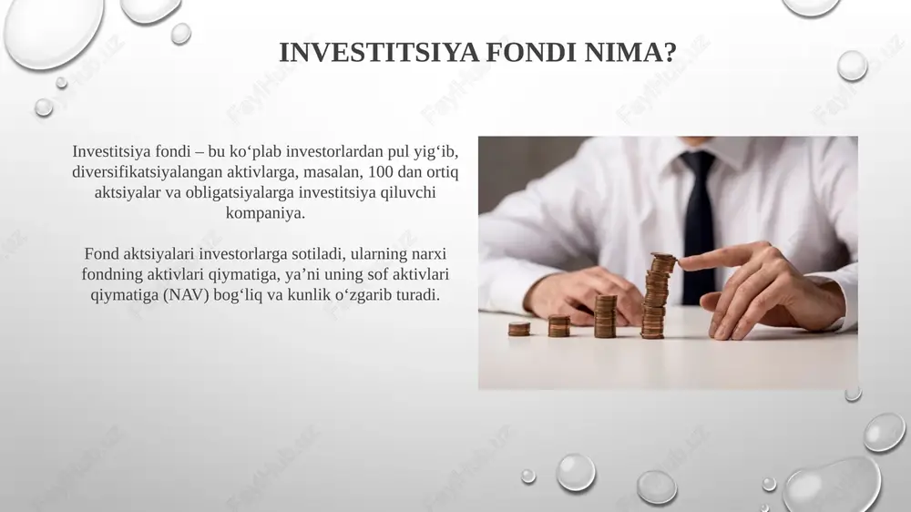 ishda diversifikatsiya muhim ahamiyatga ega. qanday qilib fondni tanlash mumkin? fondning o‘tmishdagi faoliyatini baholang, lekin unutmangki, o‘tmishdagi natijalar kelajakdagi daromadlilikning kafolati emas. 3-5 yillik davrdagi ko‘rsatkichlarga e'tibor qarating. fondning xarajat nisbatiga e'tibor bering, chunki yuqori xarajatlar sizning daromadingizni kamaytirishi mumkin. 1 foizdan kam bo‘lgan xarajatlar yaxshi hisoblanadi. investitsiya fondlarining afzalliklari va kamchiliklari investitsiya fondlarining afzalliklaridan biri diversifikatsiyadir, ya'ni fond aktivlari turli xil aksiyalarga yo'naltiriladi, bu esa xavflarni kamaytiradi. kamchiliklar orasida boshqaruv xarajatlari mavjud. fond menejerlari va boshqaruv kompaniyalari xizmatlari uchun o'rtacha 1-2% gacha komissiya olishi mumkin. reglament va nazorat investitsiya fondining reglamenti uning investitsiya maqsadlari, strategiyalari va riskni boshqarish siyosatini belgilaydi, bu 199-sonli qonunga muvofiq investorlar uchun muhim. nazorat investitsiya fondining faoliyatini qonunchilik va reglament talablariga muvofiqligini ta'minlash uchun amalga oshiriladi, masalan, aktivlarni baholash standartlari (234-sonli standart). global investitsiya fondlari bozori global investitsiya fondlari bozorida aktivlar boshqaruvi 2023-yilda trillionlab dollarga yetdi, bu o'sishga texnologiya sektoridagi investitsiyalar sezilarli ta'sir ko'rsatdi. esg …