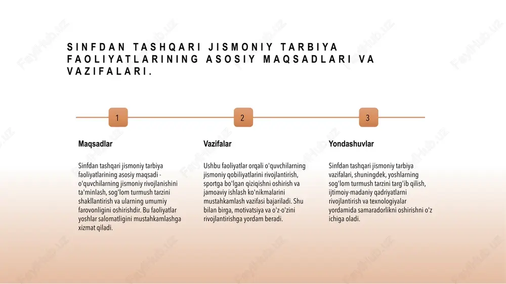 shga keng imkoniyatlar yaratadi, o'z maqsadlariga erishish va yangi qobiliyatlarni rivojlantirish uchun muhimdir. sog’lom turmush tarzini shakllantirish bu faoliyatlar sog’lom bo’lish, xotirjamlik va o'z-o’zini nazorat qilishni o’rgatib, yoshlar orasida sog’lom turmush tarzini mustahkamlashga yordam beradi. jamoaviy ishlash va liderlik jismoniy faoliyatlar jamoaviy ruhni rivojlantiradi, hamkorlikni kuchaytiradi va liderlik qobiliyatlarini oshirishda muhim rol o’ynaydi. o'quvchilarning salomatligini mustahkamlashda sport va jismoniy mashg'ulotlarning ahamiyati jismoniy faoliyat va salomatlik jismoniy mashg'ulotlar o'quvchilarning yurak-qon tomir tizimini mustahkamlashga yordam beradi, shuningdek, immunitetni oshiradi va umumiy salomatlikni yaxshilaydi. energiya va muvozanat sport va jismoniy mashg'ulotlar orqali energiya darajasi oshadi, stress kamayadi, va muvozanatli hayot tarzini shakllantirishga yordam beradi. uzoq muddatli ta'sir muntazam jismoniy faoliyat yoshda va salomatlikda uzoq muddatli ijobiy natijalar beradi, shuning uchun sog'lom turmush tarzini rivojlantirish muhimdir. jismoniy tarbiya mashg'ulotlari orqali ruhiy va jismoniy farovonlikning oshirilishi 1 ruhiy salomatlik jismoniy tarbiya mashg'ulotlari stressni kamaytiradi, kayfiyatni yaxshilaydi va ruhiy barqarorlikni mustahkamlashga yordam beradi, bu esa o'quvchilarning …