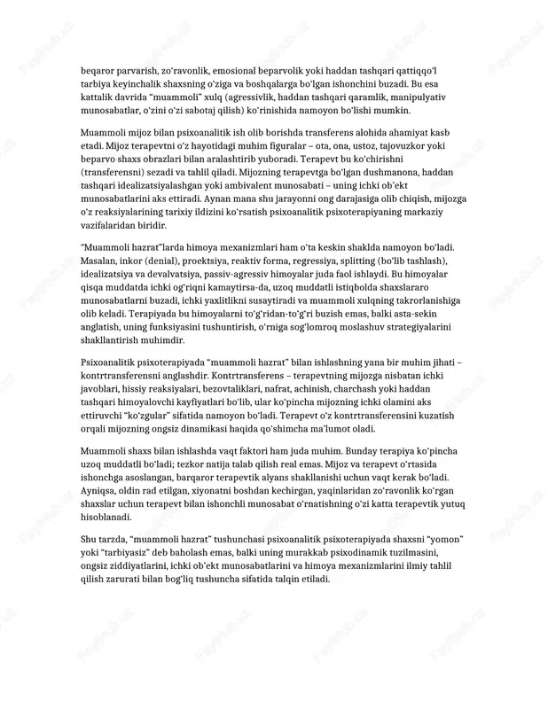 ik psixoterapiyaning nazariy asoslari faqat freyd bilan cheklanib qolmaydi. karl gustav yung analitik psixologiyani ishlab chiqib, kollektiv ongsiz, arxetiplar, individuatsiya jarayoni kabi tushunchalarni rivojlantirdi. alfred adler esa shaxsiy psixologiya doirasida kamlik kompleksi, ustunlikka intilish, ijtimoiy qiziqish kabi tushunchalar bilan psixoanalitik maktabni boyitdi. ob’ektga yo‘naltirilgan nazariyalar (m. klein, d. vinnikott, o. kernberg va boshqalar) esa bolalikdagi yaqin shaxslar (ona, ota, vasiy) bilan tajribalar keyinchalik shaxslararo munosabatlar modelini belgilashini ta’kidlaydi. metodologik jihatdan psixoanalitik terapiya inson ruhiyatini chiziqli emas, balki dinamik tizim sifatida ko‘radi. har bir simptom, muammoli hulq, “hazrat” sifatida qabul qilingan shaxs turi tasodifiy emas, balki ma’lum tarixiy (ontogenezdagi) ildizga ega, ma’lum ichki ziddiyatni ifodalovchi struktura sifatida izohlanadi. shu bois, psixoanalitik yondashuvda simptomni faqat yo‘qotish emas, balki uni tushunish, uning ramziy ma’nosini ochish va ichki konfliktni qayta qurish asosiy maqsad hisoblanadi. 2. “muammoli hazrat” tushunchasi va psixoanalitik tahlil amaliy psixologiyada “muammoli hazrat” deb atalayotgan shaxslar ko‘pincha o‘z hayotiy faoliyatida yuqori darajadagi …