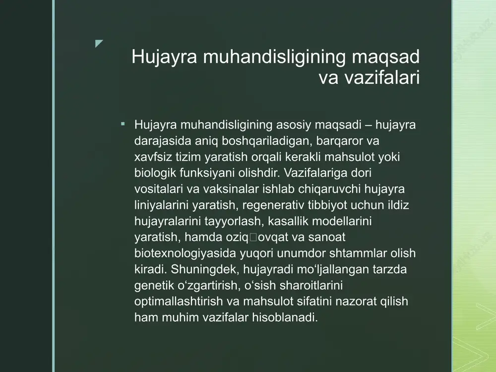 tsiya kabi usullar yordamida oqsillar, antitelalar yoki boshqa molekulalar yirik nojo‘ya komponentlardan tozalanadi. oxirida konsentratsiya va formulatsiya amalga oshiriladi, sterillik tekshirilib, tayyor dori shakli olinadi. z hujayra muhandisligining tibbiyotdagi ilovalari hujayra muhandisligi tibbiyotda ko‘plab innovatsion yo‘nalishlarni yaratdi. genetik o‘zgartirilgan hujayralar yordamida monoklonal antitelalar, gormonlar, vaksinalar va biosimilar preparatlar ishlab chiqarilmoqda. ildiz hujayralari asosidagi to‘qima muhandisligi yo‘qolgan to‘qimalarni tiklash, transplantatsiya uchun sun’iy organlarga zamin yaratadi. shuningdek, car‑t hujayra terapiyasi kabi shaxsiylashtirilgan davolash usullari saraton kasalligida yuqori samaradorlik ko‘rsatmoqda. kelajakda gen terapiyasi kengayib, ko‘plab irsiy kasalliklarni nishonga olishi kutiladi. z xavfsizlik, etik talablar va sifat nazorati hujayra va gen muhandisligi bilan bog‘liq barcha jarayonlar qat’iy biosafety, bioxavfsizlik va etik normalar asosida olib borilishi shart. laboratoriya xodimlari shaxsiy himoya vositalarida ishlaydi, chiqindilar zararsizlantiriladi, genetik modifikatsiya qilingan organizmlar izolyatsiya rejimida saqlanadi. sifat nazorati hujayra identifikatsiyasi, sterillik, genetik barqarorlik, mahsulotning tozaligi va funksional faolligini muntazam tekshirishni o‘z ichiga oladi. bundan tashqari, klinik qo‘llashdan avval ko‘p …