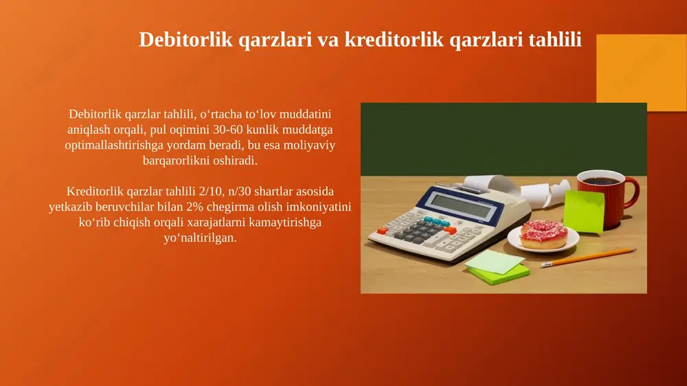 arishda muhim ahamiyatga ega. kreditorlik qarzlari hisobida fifo (birinchi kirim – birinchi chiqim) usuli qo'llanilishi mumkin, bu esa sotib olingan tovarlarning eng avvalgi narxlari bo'yicha hisobdan chiqarilishini nazarda tutadi. kreditorlik qarzlari: muddatlar va klassifikatsiya kreditorlik qarzlari qisqa muddatli (1 yilgacha) va uzoq muddatli (1 yildan ortiq) bo'lishi mumkin, bu qarzlarning qachon to'lanishi kerakligini aniq ko'rsatadi. kreditorlik qarzlari savdo kreditorlik qarzlari (tovarlar uchun) va savdo bo'lmagan kreditorlik qarzlari (xizmatlar, ish haqi) kabi asosiy guruhlarga bo'linadi. kreditorlik qarzlari: tahlil usullari kreditorlik qarzlari tahlilida aylanma davri ko'rsatkichi muhim. u o'rtacha hisobda kreditorlik qarzlari qancha vaqtda to'lanishini kunlarda ifodalaydi, bu biznesning likvidligini baholashda yordam beradi. to'lov intizomini baholash uchun kreditorlik qarzlarining muddati o'tgan qismini aniqlash zarur. muddati o'tgan qarzlar hajmining umumiy qarzlar summasidagi ulushi foizlarda hisoblanadi. kreditorlik qarzlari: aylanuvchanlik koeffitsienti kreditorlik qarzlari aylanmasi koeffitsienti odatda sotilgan tovarlar tannarxini o‘rtacha kreditorlik qarzi balansiga bo‘lish orqali hisoblanadi, bu formuladan kelib chiqadi. yuqori aylanma koeffitsienti kompaniyaning yetkazib …
