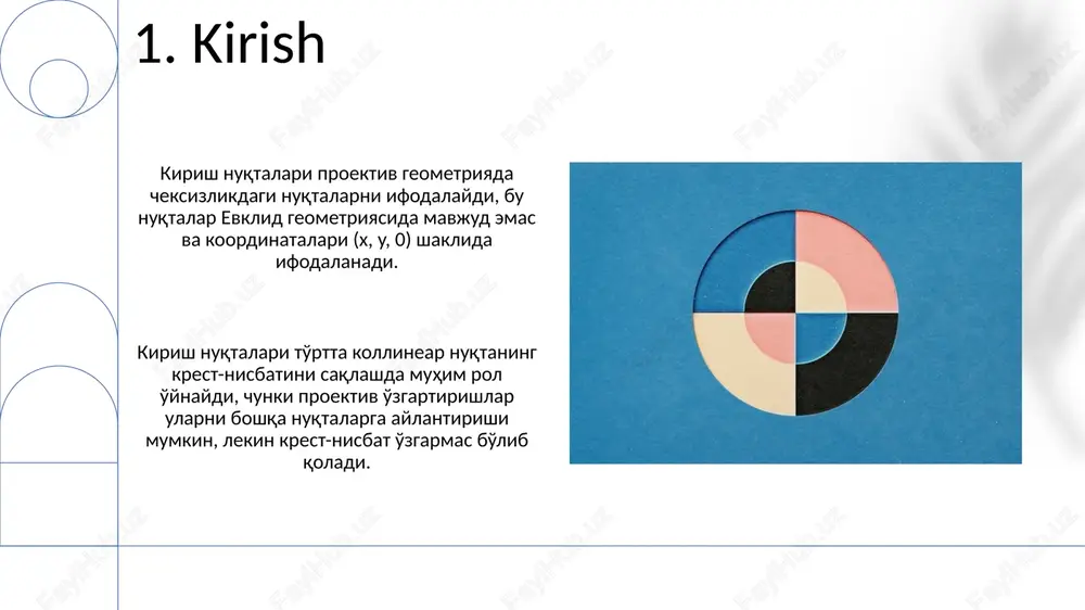 qtalarning koordinatalarini o'zgartirib, ularni yangi proyektiv tekislikka aks ettiradi, masalan, (x, y) ni (x', y') ga o'zgartirish, bu yerda x' va y' yangi koordinatalar. 10. koordinatalar orqali hisoblash koordinatalar orqali hisoblashda, proyektiv transformatsiyalar 2x2 matritsalar bilan ifodalanadi. bu matritsalar nuqtalarning koordinatalarini o'zgartiradi va nisbatni saqlab qoladi. kesishgan nisbatni koordinatalar orqali hisoblashda, to'rtta nuqtaning koordinatalari ishlatiladi. formulada nisbatlar aniqlanadi, masalan (x1-x2)(x3-x4) / (x1-x4)(x3-x2) hisoblanadi. 11.misollar va amaliy qo'llanilishi fotosuratlarni tiklashda, kross-nisbat chiziqlarni tekislash va perspektivani to'g'rilash uchun qo'llaniladi, bu esa geometrik ma'lumotlarni saqlash orqali vizual tuzatishlarni ta'minlaydi. kompyuter visionida, kross-nisbat ob'ektni tanib olishda invariant xususiyat sifatida ishlatiladi, chunki u loyiha o'zgarishlariga, ya'ni kamera burchagi o'zgarishiga ta'sir qilmaydi. 12.kesishgan nisbatni topish algoritmi kesishgan nisbatni hisoblash algoritmi, to'rtta kollinear nuqta a, b, c va d uchun (ac/bc) / (ad/bd) nisbatini aniqlaydi, bu yerda nuqtalarning tartibi muhim ahamiyatga ega. algoritm, proyektiv transformatsiyalarda invariant bo'lgan qiymatni topish uchun, masofalarni o'lchash va bo'lish amallarini ketma-ket bajaradi; …
