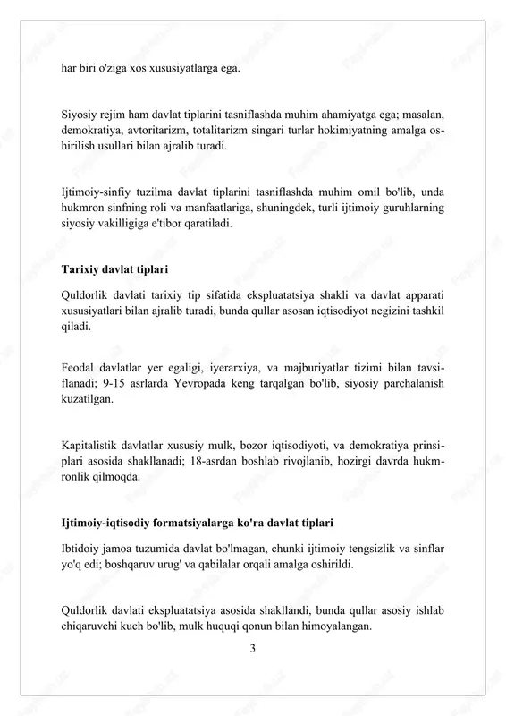 mavjud. boshqaruv shakllari davlatning siyosiy tuzilishini belgilaydi, unda hokimiyatning taqsimlanishi, boshqaruv uslublari va fuqarolarning siyosiy jarayondagi ishtiroki darajasi ko'rsatiladi. demokratik boshqaruv shakllari, masalan parlamentar respublikalar, hokimiyatning bo'linishini, ko'ppartiyaviylikni va fuqarolarning saylovlarda erkin ishtirok etishini ta'minlaydi. bu davlat boshqaruvining muhim jihatidir. davlat tuzilishi shakllari davlat tuzilishi shakllari unitar, federativ va konfederativ bo'lishi mumkin; unitar davlatda 1 ta konstitutsiya va yagona hokimiyat tizimi mavjud. federativ davlatlarda, masalan aqsh, hududlar (shtatlar) muayyan suverenitetga ega bo'lib, o'z konstitutsiyalari va qonun chiqaruvchi organlariga ega. konfederatsiya - bu bir necha mustaqil davlatlarning muayyan maqsadlarda birlashuvi; masalan, tarixda shveysariya konfederatsiyasi 1291-1798 yillarda mavjud bo'lgan. siyosiy rejimlar siyosiy rejimlar hokimiyatni qoʻllash usuliga koʻra turlicha: demokratiya, avtoritarizm va totalitarizm. har bir rejim 1) siyosiy erkinlik darajasi, 2) siyosiy ishtirok va 3) siyosiy nazorat bilan ajralib turadi. avtoritar rejimlar, masalan, chili pinochet davrida (1973-1990), siyosiy hokimiyatni bir shaxs yoki kichik guruh qoʻlida jamlaydi. ular siyosiy muxolifatga yoʻl qoʻymaydi, lekin iqtisodiy …