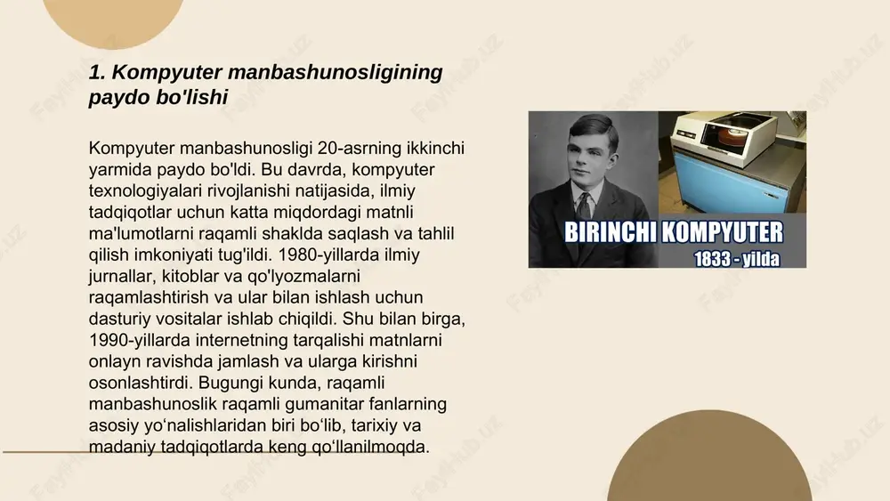 bot kompyuter manbashunosligi 20-asrning o'rtalarida paydo bo'lgan bo'lib, dastlabki kompyuterlar va dasturlash tillarining rivojlanishi bilan bog'liq. 1940-yillarda eniac va univac kabi dastlabki kompyuterlar yaratildi. 1950-yillarda fortran va cobol kabi dasturlash tillari paydo bo'ldi, ular zamonaviy dasturlashning asosi hisoblanadi. shu davrdan boshlab, kompyuter tizimlari arxitekturasi taraqqiy etib, zamonaviy kompyuterlarning rivojlanishiga turtki bo'ldi. 1960-yillarda ibm 360 kabi tizimlar yaratilishi bilan ko'p maqsadli kompyuterlar qoʻllanila boshlandi. kompyuter manbashunosligi fani ushbu jarayonlarni chuqur o'rganib, kompyuterlarning samaradorligini oshirishga qaratilgan tadbirlarni ishlab chiqadi. kompyuter manbashunosligining vujudga kelishi bekchanov ruslan e'tiboringiz uchun raxmat! image1.png image2.png image3.png image4.jpg image5.png image6.jpg /docprops/thumbnail.jpeg