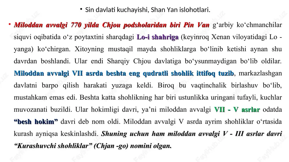 y qul qilingani, nihoyat xitoyning iqtisodiy jihatdan taraqqiy etgan markaziy tumanlari bilan xitoyning chjou davlatiga qarashli keng chekka yerlarga joylashgan ko‘chmanchilar va dehqonlar turmushi o‘rtasidagi keskin farq ham ko‘rsatib turadi. doimo urushlar chiqishi va davlat markazlarining joydan joyga ko‘chirilishi, “siyosiy sohada”gi o‘zgarishlar qullarni ko‘pincha yalpisiga ozod qilib yuborilishiga, erkin dehqonlarni esa, aksincha, qullikka tushishiga olib kelgan. vaholanki, jamoalar natural xo‘jalikka asoslangani uchun, ishlab chiqarish usuli o‘zgarmay qolavergan. “chen” so‘zi “xizmatkor”, “qul”, jumladan “uy quli” ma’nosini anglatgan. “min” so‘zi birga qo‘shib ishlatilganida, odatda, butun mehnatkash xalqni, ehtimol, og‘ir qullik, qaramlik sharoitida yashagan jamoachilarni anglatgan bo‘lsa kerak. faylasuf men - szining ijtimoiy - siyosiy asarida (miloddan avvalgi iv - iii asrlar) saqlanib qolgan ma’lumotlar bu davrning xo‘jalik va ijtimoiy tuzumiga tavsif beradi. ayrim shohlarning ustun bo‘lishi va hokimlik qilish uchun olib borgan o‘zaro urushlari mehnatkash xalq ommasi gardaniga g‘oyat og‘ir yuk bo‘lib tushgan. qishloq xo‘jaligi hamda quldorlikka asoslangan hunarmandchilikning rivojlanishi savdo ayirboshlashning …