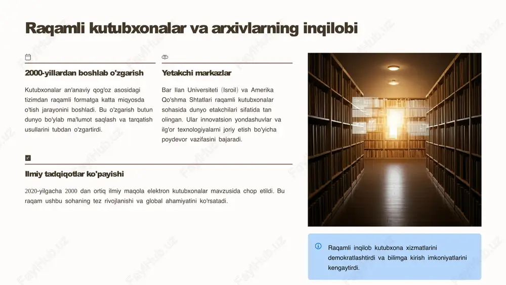 va texnik xodimlar ishi doimiy moliyaviy yukni tashkil etadi. moliyaviy model ishlab chiqish uzoq muddatli saqlash strategiyasi texnologik yangilanishlarni boshqarish keng jamoatchilikka ochish yangi texnologiyalar yordamida arxivlarni barcha qatlamlar uchun ochiq va foydalanishga qulay qilish. bu jamoat manfaatlari va ilmiy rivojlanish uchun muhim ahamiyatga ega. foydalanuvchi interfeysi soddalashtirish ko'p tilda xizmat ko'rsatish bepul kirish imkoniyatlari yaratish 8 katta ma'lumotlar analitikasi va raqamli arxivlar baholash ma'lumotlarning sifati, dolzarbligi va ilmiy qiymatini baholash. har bir ma'lumot manbai chuqur tahlil qilinadi va uning ishonchlilik darajasi aniqlanadi. saqlash katta hajmdagi ma'lumotlarni samarali saqlash va tashkil etish tizimlari. bulutli texnologiyalar va tarqatilgan arxitektura yordamida xavfsizlik va tezkorlik ta'minlanadi. ochish ma'lumotlarga qulay va tezkor kirish imkoniyatlarini yaratish. foydalanuvchilar uchun oson va intuitiv interfeys yaratish orqali ma'lumot olish jarayoni soddalashtiriladi. yaxshilash tizim ishlashini doimiy monitoring qilish va optimallashtirishni amalga oshirish. foydalanuvchi tajribasi va texnik ko'rsatkichlarni yaxshilash bo'yicha ishlar olib boriladi. shved olimlari ahmed elragal va tero päivärinta …