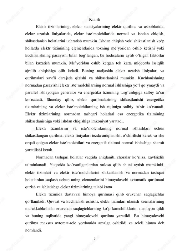 normal sharoitni tiklash uchun kerakli boʻlgan chora amallarni qoʻllaydi yoki navbatchi shaxsga xabar beradi. hozirgi zamon energetika tizimi releli himoyalar elektr taʻminotini tez tiklovchi va tizimni normal holatga keltiruvchi mustahkam va aniq elektr avtomatikasi bilan taʻminlangan. elektr avtomatikasining qurilmalariga qayta ulash avtomatikasi (aqu), chastota asosida signallash avtomatikasi (achr) va zaxiradagi manbani ulash avtomatikasi (avr) kiradi. 5 kurs loyihasiga topshiriq va vazifalar elektr qurilmalarning tuzilishi qoidalariga (ekk) muvofiq liniyalar, transformatorlar va elektr motorlar releli himoyasini berilgan variant uchun tanlang; bu himoyalar va zau va aqu lar oʻrnatmalarini tanlang; variantda koʻrsatilgan liniyaning (transformator) himoya sxemasi va zau yoki aqu ishlab chiqing. bajarish tartibi uch va ikki fazali qisqa tutashuvlarda toklarni hisoblab chiqing; tok va kuchlanish transformatorlarini va ularning transformatsiya koeffitsiyentini tanlang; himoya moslamalarining turlarini tanlang va [1,3] muvofiq ularning sezuvchanligini asoslab bering; zau va aku oʻrnatmalarini hisoblang; uch liniyali himoyaning sxemasini ishlab chiqing; ishlab chiqilgan sxema uchun relelar turlarini, oʻlchov transformatorlarini tanlang …