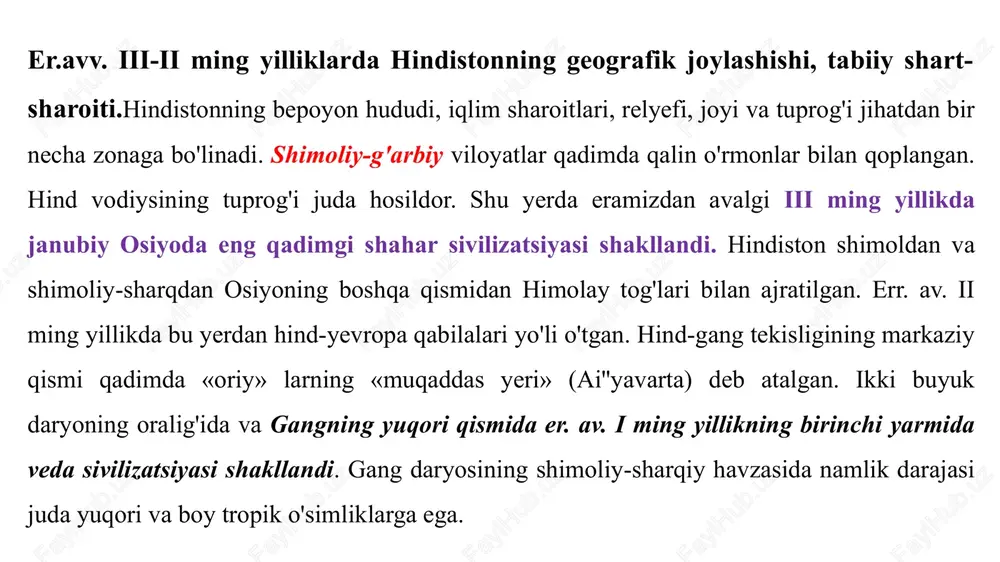 'risidagi (kamasutra) maxsus traktatlardan foydalaniladi. bu manbalarda fikrlar sxolastik, an'anaviy ruhda bayon qilingan, shu bilan birga bu asarlar qachon va qayerda tuzilganligini aniqlash mumkin emas. tarixiy voqealar adabiyotda kam tilga olinadi. u ko'p hollarda yarim afsonaviy qissalarda aks etadi. yilnomalar eramizning i asrlarida seylondagi budda monastirlarida tuzilgan va boshqa asosan budda ta'limotiga oid siyosiy-xo'jalik hujjatlari bo'lgan. davlat va xususiy arxivlar yetib kelmagan. hujjatlar palma daraxti barglari, po'stloq yoki mato parchasi kabi mo'rt asosda yozilgani uchun saqlanmagan. bizgacha faqat eramizdan avalgi iii—ii ming yilliklarga oid o'qish qiyin bo'lgan hind sivilizatsiyasiga oid muhrlardagi qisqa yozuvlar va ashoki davri (er. av. iii asr) yozuvlarigina yetib kelgan. qadimgi hindiston vedizm brahmanizm - hinduizm buddizm jaynizm vedalar rigveda (madhiyalar kitobi) samaveda (marosimlar va qo'shiqlar to'plami) atharvaveda (qo'shiqlar va afsunlar to'plami) yajurveda (qurbonlik qilish uchun ibodat formulalari) qadimgi hindistonda qurilish materiali sifatida asosan yog'och ishlatilgan. tosh va bronza haykaltaroshligi keyingi asrlardagina paydo bo'lgan. yana shuningdek, hind …