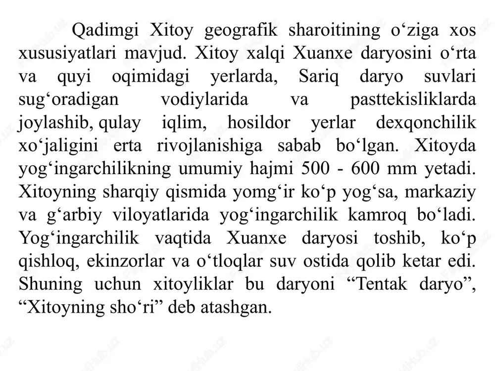 mingyillikda qadimgi xitoy qabilalari - sya va shan (in)lar yirik qabilaviy ittifoq tuzib, dastlabki tabaqaiy jamiyatlar negizidagi ilk davlatlar(eng kuchlisi shan, keyin chjouni yaratganlar. undan keyingi davrlarda esa xitoyga shimoldan turli qabilalar kirib kelib mahalliy aholiga qo'shilib, aralashib ketgan. shuni ta’kidlab o'tish joizki, janubiy xitoyda qadimdan boshlab har turli qabilalar yashagan. m. av. davrning so'nggi asrlarida xitoyliklar janubga harakat qilib, mahalliy qabilalarni asta-sekin xitoylashtira boshlaydilar. shunday qilib, xitoy aholisi hududda yashagan turli urug‘-qabila va etnik guruhlardan tashkil topgan. 2. qadimgi xitoy tarixi manbalari va tarixnavisligi. an'anaviy xitoy tarixnavisligi fanida xitoy tarixini sulolalar bo'yicha davrlashtirish xarakterlidir. shunga ko'ra, afsonaviy «besh imperatorlar» davridan so'ng, «uch sulola» sya, shan-in va chjou davrlari boshlandi. an'ana bo'yicha chjou davri chunsyu va chjango davrlarini o'z ichiga olgan ikki qism g'arbiy chjou (er.av xi-viii asrlar) va sharqiy chjou (er.av viii—iii asrlar) ga bo'linadi. sin sulolasi (er.av. iii asr) o'rniga hukmronlik vaqti g'arbiy va sharqiy davrlarga bo'linadigan xan …