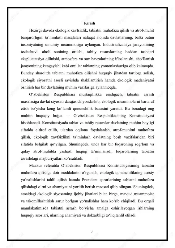 ogik majburiyat ham yuklaydi. har bir shaxs tabiatga ehtiyotkorlik bilan munosabatda bo‘lishi, ekologiyani muhofaza qilishga hissa qo‘shishi, tabiatni ifloslantirmasligi va unga zarar yetkazmasligi shart. bu esa tabiatni asrash mas’uliyati nafaqat davlat zimmasida, balki har bir fuqaro zimmasida ham ekanini ko‘rsatadi. konstitutsiyada mulkdan foydalanish masalalarida ham ekologik cheklovlar mavjud. ya’ni har qanday mulk shakli tabiatga zarar yetkazishi mumkin emas. bu norma ishlab chiqarish, qurilish, qishloq xo‘jaligi va boshqa faoliyat turlarida ekologik talablarga rioya qilinishini ta’minlashga qaratilgan. shuningdek, konstitutsiya davlat zimmasiga ekologik xavfsizlikni ta’minlash, tabiiy resurslarni muhofaza qilish, ekologik ofatlar va texnogen xavflarning oldini olish, shuningdek buzilgan tabiiy hududlarni tiklash kabi muhim vazifalarni yuklaydi. davlat tabiatni muhofaza qilish sohasida yagona ekologik siyosat yuritadi, bu siyosat ekologik muvozanatni saqlash, tabiiy boyliklardan oqilona foydalanish, atrof-muhitga zarar yetkazmaydigan texnologiyalarni joriy etish, ekologik monitoring tizimini rivojlantirish kabi yo‘nalishlarda amalga oshiriladi. tabiiy resurslardan oqilona foydalanish tamoyili ham konstitutsiyaning muhim talablaridan biri bo‘lib, u resurslarning tejamkor ishlatilishi, tiklanadigan …