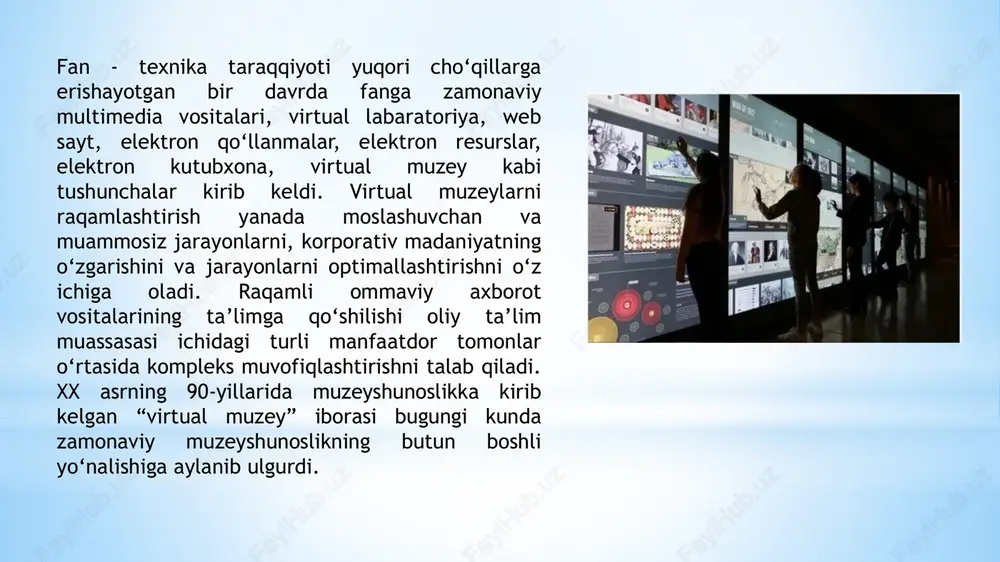 amiyati v-must, virtual muzeylar transmilliy tarmog‘i ta’lim, yoqimli, uzoq umr ko‘rishga va saqlashga oson bo‘lgan virtual muzeylarni rivojlantirish uchun vositalar va qo‘llab-quvvatlashga qaratilgan. umuman olganda virtual muzeylarning eng afzal tomoni har bir kishi muzey galereyasini o‘z nuqtai nazaridan kelib chiqqan holda boshqarishi mumkin. tadqiqotchilarning ilmiy mavqeiga, sanoat yoki asbobdan foydalanishga qarab virtual muzeylar har xil tarzda ko‘rib chiqiladi va foydalaniladi. masalan:  ijodiy faoliyatning bir turi sifatida;  innovatsion ta’lim vositasi;  moda yoki reklama loyihasi;  multimedia imkoniyatlariga ega xona;  an'anaviy muzeyning internetdagi vakili;  gadjet;  nashr;  web-sayt;  aloqa turi;  elektron katalog va boshqalar. mdh mamlakatlari esa madaniy merosi virtual muzeyining noyob imkoniyatlari sifatida quyidagilarni qayd etish mumkin: raqamli asr qoidalariga o‘tish raqamli texnologiyalarni joriy etishni o‘z ichiga olgan to‘g‘ri biznes strategiyasini ishlab chiqqan oliy ta’lim muassasasi talabalari, ilmiy xodimlari, ma’muriy xodimlari va tashqi manfaatdor tomonlar bilan ishlashni tashkil qilish uchun keng imkoniyatlardan foydalanishi …