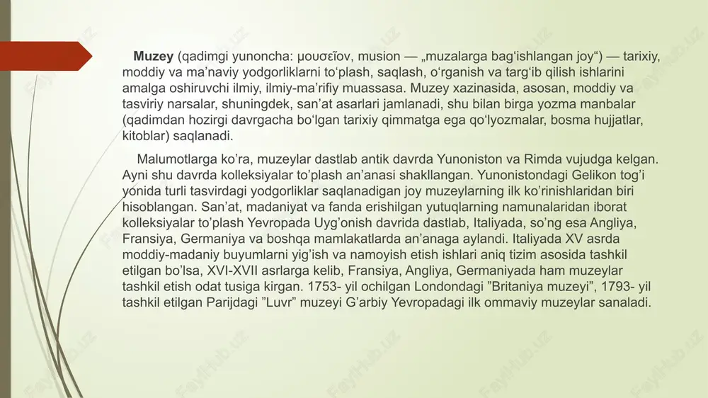 rni o‘zida jamlagan, nozik did sohiblarini san’at asarlari bilan bag‘riga chorlovchi g‘aroyib binodir. uni qurish ishlari ming yillar davom etgan, parijning dovrug‘ini oshirishda katta xizmati bor. aytish lozimki, u aholi uchun 1793 yildan boshlab eshiklarini ochgan. 2018 yilda muzeyga 10 mln sayohatchi tashrif buyurgan va bu rekord natija hisoblanadi davlat muzeylari — bu davlat tomonidan moliyalashtiriladigan va boshqariladigan, san'at, tarix, madaniyat, ilm-fan, arkeologiya, etnografiya, tabiiy fanlar va boshqa sohalarda ilmiy va madaniy merosni saqlash, o‘rganish va ommalashtirish uchun tashkil etilgan muassasalardir. ushbu muzeylar asosan mamlakatning madaniy va ilmiy merosini saqlashga, jamoatchilikka taqdim etishga, ta'lim va ilmiy tadqiqotlar olib borishga qaratilgan davlat muzeylari quyidagi asosiy maqsadlar va vazifalarni bajaradi: merosni saqlash: muzeylar tarixiy, san'atiy, arkeologik va boshqa qiymatli buyumlarni saqlash va ularga nisbatan ehtiyotkorlik bilan munosabatda bo'lishadi. bu o‘z navbatida, avlodlarga o‘tgan merosni yetkazishga xizmat qiladi. ilmiy-tadqiqot ishlari: muzeylar ko‘plab ilmiy tadqiqotlar olib boradi, ularning natijalari ta'lim va boshqa ilmiy sohalarda …