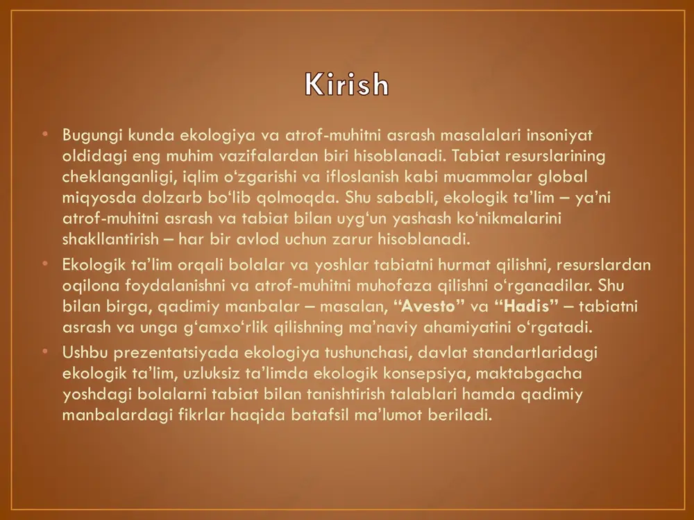 gik ta’lim konsepsiyasi – bu bolalardan tortib kattalargacha barqaror ekologik bilim va ko‘nikmalarni rivojlantirish tizimidir. bu konsepsiya quyidagi asosiy tamoyillarga tayanadi: • bosqichma-bosqich rivojlanish: • maktabgacha yoshdagi bolalarda tabiatni kuzatish va unga mehr uyg‘otish. • maktab yoshida ekologik bilimlarni kengaytirish va amaliy tajriba olish. • oliy va maxsus ta’limda ekologik masalalarni chuqur o‘rganish va tadqiq qilish. • amaliy yo‘naltirilganlik: • ekskursiyalar, ekologik loyihalar, tabiatni muhofaza qilish tadbirlari. • suv va energiyani tejash, chiqindilarni ajratib yig‘ish, daraxt ekish kabi mashg‘ulotlar. • interfaol va integratsiyalashgan metodlar: • ekologik fanlar bilan boshqa fanlarni bog‘lash (biologiya, geografiya, kimyo, texnologiya). • o‘quvchilarning faol ishtirokini ta’minlovchi o‘yinlar va laboratoriya ishlari. • natija: uzluksiz ekologik ta’lim orqali yosh avlod tabiatni hurmat qilish, resurslarni tejash va atrof-muhitni muhofaza qilish ko‘nikmalariga ega bo‘ladi. bu esa barqaror rivojlanishga erishishda muhim rol o‘ynaydi. maktabgacha yoshdagi bolalarda ekologik tarbiya • maktabgacha yoshdagi bolalarda ekologik tarbiya – bu bolalarni tabiat bilan tanishtirish, ularda …