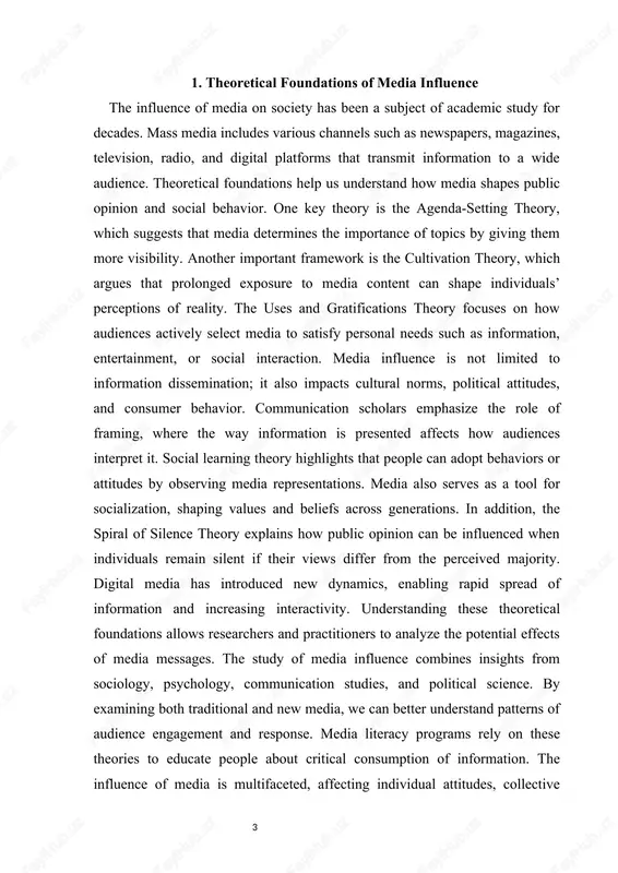 ical consumption of information. the influence of media is multifaceted, affecting individual attitudes, collective behavior, and societal norms. theoretical frameworks also guide the evaluation of media campaigns, advertising strategies, and public information programs. they help predict how different audiences might react to specific messages. research in this field continues to evolve, reflecting changes in technology, communication practices, and audience behavior. by grounding studies in theoretical foundations, we gain a deeper understanding of how media shapes modern life. 2.practical impact of mass media mass media has a significant practical impact on individuals and society as a whole. newspapers, magazines, television, and radio continue to serve as major sources of news and information for many people. with the rise of the internet and social media platforms, the speed and reach of information dissemination have increased dramatically. social networks such as facebook, twitter, instagram, and tiktok allow users to share content instantly, making …