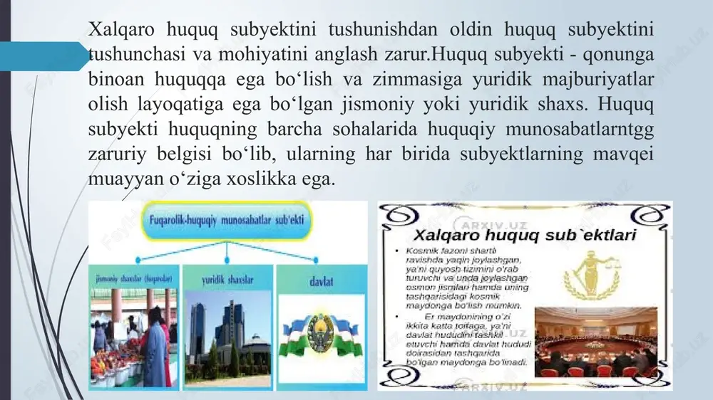 ekiston xalqaro va mintaqaviy muammolarni muhokama qilish va hal qilishda faol ishtirok etadi, xususan o’zbekiston respublikasi birinchiprezidenti islom karimov bmt ning 48-chi (1993-yil sentabr), 50-chi (1995-yil oktabr)chiqishlarida, 55-sessiya (2000-yil sentabr) va bmt bosh assambleyasining “ming yillik rivojlanish maqsadlari” (2010) sammitida markaziy osiyoning dolzarb muammolariga e’tabor qaratildi. i.a.karimov tashabbusi bilan bmt markaziy osiyoda xavfsizlik masalalarini tinchyo’l bilan hal qilishga qaratilgan bir qancha qonunlarni qabul qildi. shunday qilib, 1993-yildabmt bosh assambleyasining 48-sessiyasida so’zga chiqqan i.a.karimov markaziy osiyoni yadrosiz zona deb e’lon qilishni taklif qildi. bu taklif markaziy osiyoning boshqa davlatlari-qozog’iston, qirg’iziston, turkmaniston, tojikiston va bmt ning boshqa ko’plab a’zolari tomonidan to’liq qo’llab-quvvatlandi markaziy osiyo davlatlari xavfsizligining muhim jihati afg’onistondagi vaziyatdir.o’zbekiston tashabbusi va bmt ko’magida 6+2 guruhi (qo’shni davlatlar: eron, pokiston, tojikiston, turkmanston, o’zbekiston, xitoy, rossiya va aqsh) afg’on muammosivamintaqaviy xavfsizlikni ta’minlash muhokama qilindi xalqaro huquq normalari - bu davlatlar va boshqa subyektlarning faoliyati munosabatlarining umummajburiy qoidalari hisoblanadi. xalqaro huquqiy normalarning o‘ziga xos …