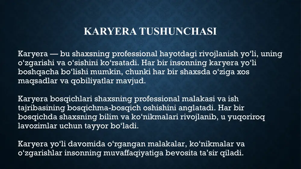 ish. ta’sirchan rahbarlik: yuqori mutaxassislar jamoalarni samarali boshqarish, motivatsiya berish va qiyinchiliklarga qarshi kurashish qobiliyatiga ega bo‘lishi kerak. innovatsion jarayonlar: katta bosqichda kompaniya yoki tashkilotdagi jarayonlarni takomillashtirish va yangi strategiyalarni ishlab chiqish zarur. strategiya va boshqaruv: katta bosqichda mutaxassis o‘z sohasida yuqori malakaga erishadi va katta jamoalarni boshqaradi. ular kompaniya yoki tashkilot uchun strategik qarorlar qabul qiladi. rahbarlik bosqichi rahbarlik bosqichi talablar: strategik fikrlash: rahbarlar uzoq muddatli maqsadlar uchun strategiyalarni ishlab chiqish, umumiy istiqbollarni ko‘rish qobiliyatiga ega bo‘lishi kerak. katta jamoalarni boshqarish: korxona va tashkilot darajasida rahbarlar katta jamoalarni boshqarish va resurslarni samarali taqsimlashga qodir bo‘lishlari zarur. o‘zgarishlarni boshqarish: rahbarlar o‘zgarishlarni muvaffaqiyatli amalga oshirish va jamoalarni yangi strategiyalarga moslashtirishda yordam beradi. motivatsiya: rahbarlar jamoani maqsadga yo‘naltirish, ularning energiyasini to‘g‘ri ishlatish va muvaffaqiyatga erishishda yordam berish zarur. katta rahbarlik: bu bosqichda shaxs o‘z kompaniyasining boshqaruv tizimini yaratadi va umumiy faoliyatni boshqaradi. ular strategik rejalashtirish, qarorlar qabul qilish va bo‘limlararo muvofiqlikni ta’minlash …