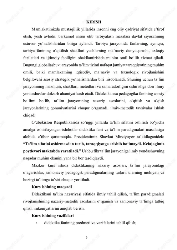 atlarni ochib berish. tarixan didaktikaning rivojlanishi uch bosqichni o‘z ichiga oladi: an’anaviy (klassik), tizimli-yondashuv bosqichi va zamonaviy innovatsion didaktika davri. bugungi kunda didaktika ko‘plab fanlar – psixologiya, kommunikatsiya, informatika, neyropedagogika bilan chambarchas bog‘liq holda rivojlanmoqda. didaktika-pedagogikaning mustaqil tarmog’i. ta’lim-tarbiya nazariyasi, ya’ni maqsadlari, mazmuni, qonuniyatlari, tamoyillarini ishlab chiqish bilan shug’ullanadi. didaktika pedagogikada ta’lim jarayonining umumiy qonuniyatlarini o‘rganuvchi qismdir. didaktika grekcha so‘z bo‘lib, “didasko”-o‘qitish, “didaskol”- o‘rgatuvchi degan so‘zlardan kelib chiqqan. “didaktika”ning so‘zma-so‘z tarjimasi ta’lim nazariyasini anglatadi. bu atamani nemis pedagogi v. ratke (1571-1635) fanga kiritgan. didaktika nomi ostida nazariy va metodologik asoslarini tadqiq qiladigan ilmiy fan tushuniladi. didaktikaning fundamental ilmiy asoslari ilk bor ya. a. komenskiy (1592 - 1670) tomonidan ishlab chiqilgan. u 1657 yilda cheh tilida «buyuk didaktika» asarini yozdi. didaktika nomi ostida ya. a. komenskiy “hammani hamma narsaga o‘rgatish san’ati”, deb tushundi. didaktikaning mohiyatini ishlab chiqishda g. pestalotstsi, i. gerbart, k.d. ushinskiy, v. ostrogorskiy, p. kapterev kabi mashhur olimlar katta …