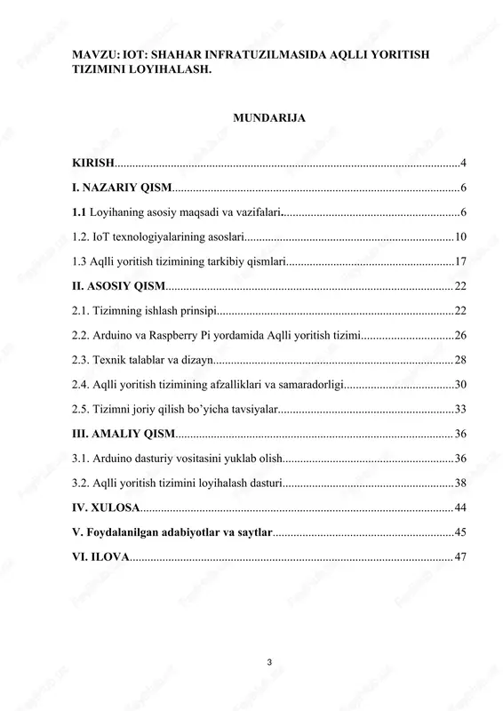 lektr energiyasidan samarali foydalanish orqali shaharning harajatlarini kamaytirish. qulaylik: shahar infratuzilmasi fuqarolarning kundalik ehtiyojlariga moslashtiriladi. atrof-muhit barqarorligi: energiya sarfini kamaytirish va ekologik muvozanatni saqlashga yordam beradi. xavfsizlik: zamonaviy kuzatuv va boshqaruv tizimlari orqali jamoat xavfsizligini oshirish. ushbu loyiha iot texnologiyalari asosida aqlli yoritish tizimini loyihalash orqali aqlli shahar konsepsiyasining amaliy jihatlarini ko‘rsatib beradi. aqlli yoritish tizimlari shaharlarda energiya tejamkorligini oshirish va yashash sifatini yaxshilash uchun samarali yechim sifatida qaraladi. aqlli yoritish tizimi — bu iot texnologiyalari yordamida boshqariladigan avtomatlashtirilgan yoritish tizimidir. ushbu tizim atrof-muhitni kuzatish va real vaqt rejimida yoritish darajasini optimallashtirish orqali samarali energiya tejashni ta’minlaydi. aqlli yoritish tizimlari shaharlar infratuzilmasiga texnologik yangiliklar olib keladi, shu bilan birga energiya iste'molini kamaytirish, ishlash samaradorligini oshirish va atrof-muhitga salbiy ta'sirni minimallashtirishga yordam beradi. aqlli yoritish tizimi quyidagi asosiy xususiyatlarga ega: avtomatik boshqaruv: yoritish darajasi atrof-muhit yorug'ligi, vaqt va foydalanuvchi ehtiyojlariga qarab avtomatik ravishda o'zgaradi. energiya tejamkorligi: tizim energiya iste'molini minimallashtiradi, chiroqlar …