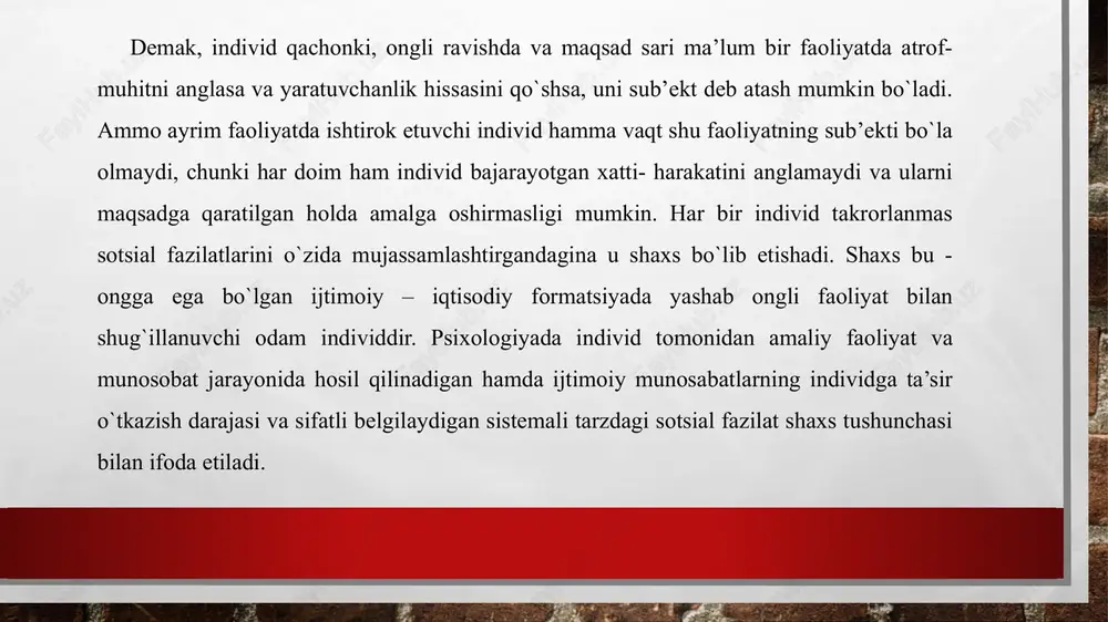 y muhim ta’sirining chqkurroq va mustahkamroq bo`lishiga odamning o`zi yordam beradi. ayrim g`ayritabiiy hodisalar inson shaxsining tarkib topishida tashqi muhit ta’sirining hal qiluvchi ahamiyatga ega ekanligini to`la tasdiqlaydi. tasodifan odam bolalarning yovvoyi hayvonlar muhitiga tushib qolish hodisasi nazarda tutilgan. a.g.asmolov: “tarixiy-evolyutsion yo`nalish targ`ibotchisi sifatida shaxs rivojlanishida 2 ta omil; ; a) nasliy; b) ijtimoiy omillar muhim hisoblanishi ta’kidlangan. shuningdek, shaxsni hayotdagi maqsadi - yashash uchun xayotdagi me’yoriy tenglikni saqlash bo`lib, uning individual xususiyatlari bir butunlikda shaxs tuzilishini tashkil etadi. shaxsni tuzilishini va uni yuzaga kelishini bilmasdan turib usib kelayotgan inson shaxsini proektlashtirish va diagnostika qilish, shakllanishi uchun eng maqbul sharoit, samarali yo`llarini aniqlab olish qiyin masaladir. inson shaxsi yuqorida ta’kidlab o`tkanimizdek, o`zini o`rab turgan narsalar va ijtimoiy muhit bilan faol munosobat jarayonida tarkib topadi. odamning ontogenetik tarraqqiyoti va shaxsning tarkib bo`lishida biologik va ijtimoiy omillar o`zaro munosabatga kirishib, tashqi ta’sir effektini ta’minlovchi kuchli ichki sharoitni yuzaga keltiradilar. ana shunday sharoitlarda …