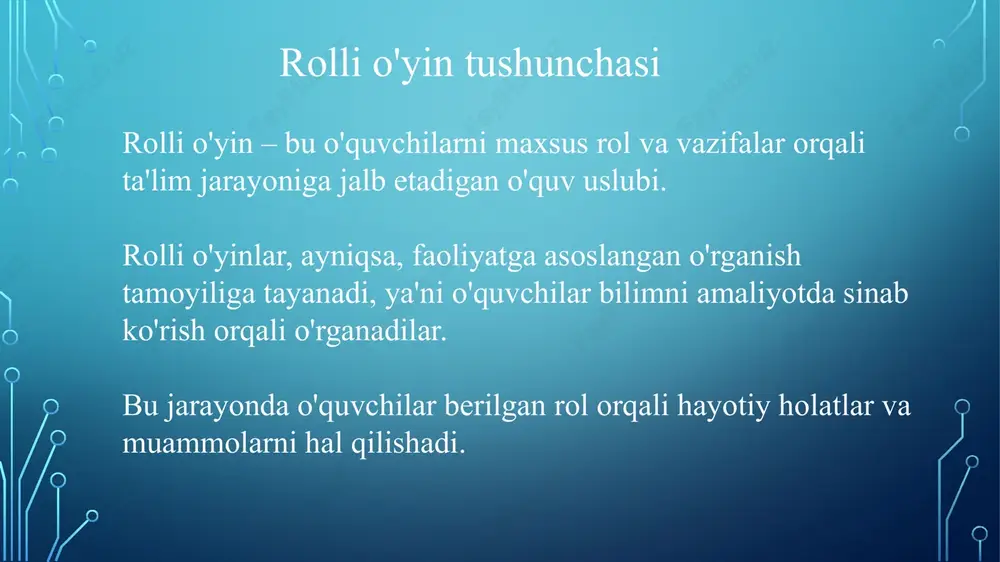 iyat hissini oshiradi. muammolar va ularning yechimlari rolli o'yinlar davomida yuzaga keladigan muammolar, masalan, ishtirokchilarning passivligi yoki tartibni saqlashdagi qiyinchiliklar bo'lishi mumkin. ushbu muammolarni hal qilish uchun oldindan qoida va tartiblarni belgilash, mavhumlikni oldini olish va ishtirokchilarni aktivlashtirish choralarini ko'rish kerak. rolli o'yinlarda innovatsion usullar texnologiyalar va ijodiy usullardan foydalanish rolli o'yinlarni yanada qiziqarli qiladi. masalan, virtual rolli o'yinlar, multimediali vazifalar va boshqa texnologik yechimlar yordamida darslarni jonlantirish mumkin. o'qituvchi va o'quvchi roli o'qituvchi rolli o'yin jarayonida rahbar emas, balki yo'lboshchi sifatida ishtirok etadi. o'quvchilar esa mustaqil fikrlash va qaror qabul qilish qobiliyatlarini rivojlantiradilar. bu jarayonda o'qituvchi faqat yo'nalish ko'rsatuvchi bo'lib, o'quvchilarga o'zlarini ko'rsatish imkonini beradi. universitet hayotiga oid va talabalarning kundalik ehtiyojlari va muammolariga mos keladigan rolli o‘yin ssenariylari 1.ssenariy: "talabalarning yashash sharoitlarini yaxshilash" mavzu: talabalar turar joylari va yashash sharoitlarini o‘zgartirish vaziyat: universitetda talabalarning yashash sharoitlarini yaxshilash uchun loyihalar amalga oshirilishi kerak. biroq, turli tomonlarning talablari va resurslari …