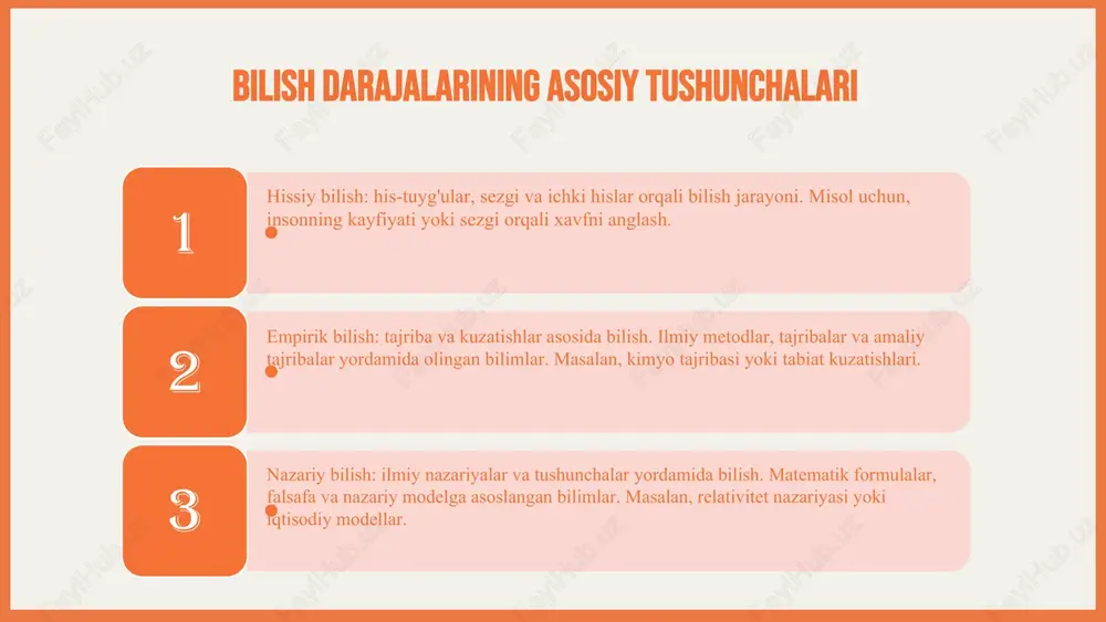 masalan, sportchilarning tezkor reaktsiyalari va san'atkorlarning ijodi. xulosa bilish darajalari hissiy, empirik, nazariy, mantiqiy va intuitiv bo'lib, har biri o'ziga xos xususiyatlarga ega. hissiy bilish sezgi va tajribaga asoslangan. har bir bilish darajasi amaliy va nazariy hayotda muhim rol o'ynaydi. ular bir-birini to'ldiradi va qaror qabul qilishda yordam beradi. bilimni kundalik va ilmiy faoliyatda qo'llash mumkin. hissiy bilish sezgi bilan bog'liq, empirik tajriba bilan rivojlanadi, nazariy bilimlar asoslangan, mantiqiy fikr va intuitiv tushunchalar bilan bog'liq. ularning har biri o'zaro ta'sirda ishlaydi. foydalanilgan adabiyotlar 1. akopov, a. s. (2018). bilish darajalarining psixologik asoslari. o‘zbekiston milliy universiteti nashriyoti. 2. toshkent davlat universiteti. (2020). bilish jarayonlari va ularning nazariy asoslari. akademik nashrlar. 3. qodirov, m. (2019). hissiy va empirik bilishning psixologik tahlili. psixologiya va inson xususiyatlari jurnali, 5(2), 45-60. 4. sobirov, d. (2021). bilish darajalarining mantiqiy va intuitiv asoslari. ilmiy izlanishlar, 12(3), 112-125. 5. yusufov, a. (2017). bilish jarayonlari va ularning o‘zaro ta’siri. …