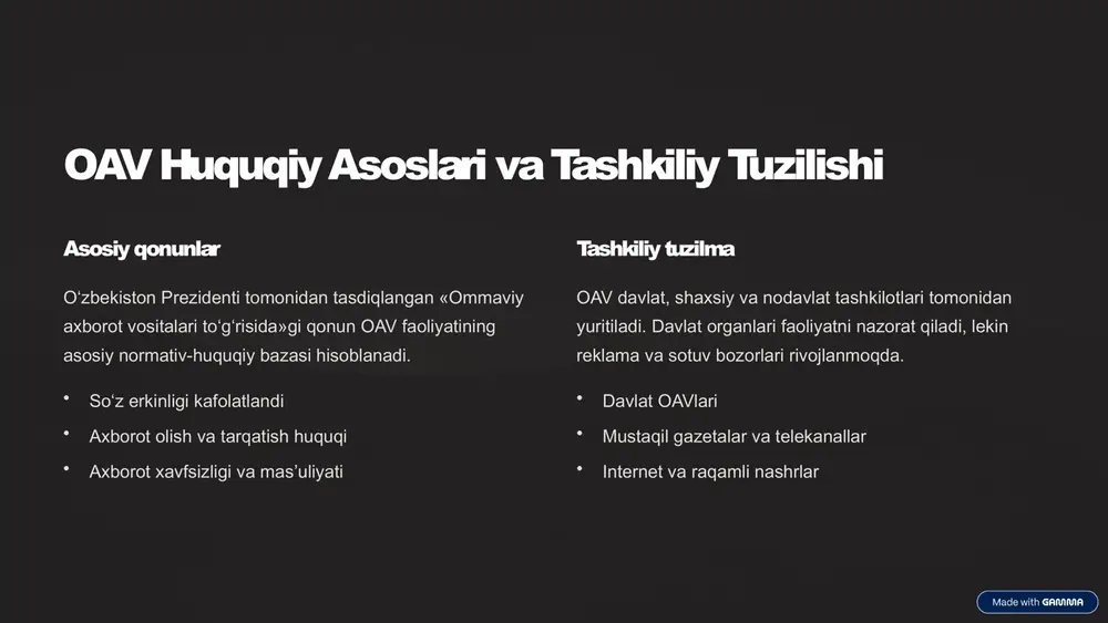 mida oav mustaqil, faol va ijtimoiy ahamiyatga ega tizimga aylanmoqda. shunga qaramay, so‘z erkinligini ta’minlash, raqamli transformatsiyani davom ettirish hamda kadrlar salohiyatini oshirish dolzarb masalalardan sanaladi. kelajakda oavning yanada samarali ishlashi uchun qonuniy imkoniyatlar kengaytirilishi, malaka oshirish ishlari kuchaytirilishi va zamonaviy texnologiyalar joriy etilishi zarur. bu esa o‘zbekiston jamiyatini o‘zining ma’rifiy va ijtimoiy rivojlanishida yangi pog‘onaga ko‘taradi. 9 image1.png image2.png image3.png image4.png image5.png image6.png image7.png image8.png image9.png image10.png image11.png image12.png image13.png image14.png image15.png image16.png image17.png image18.png
