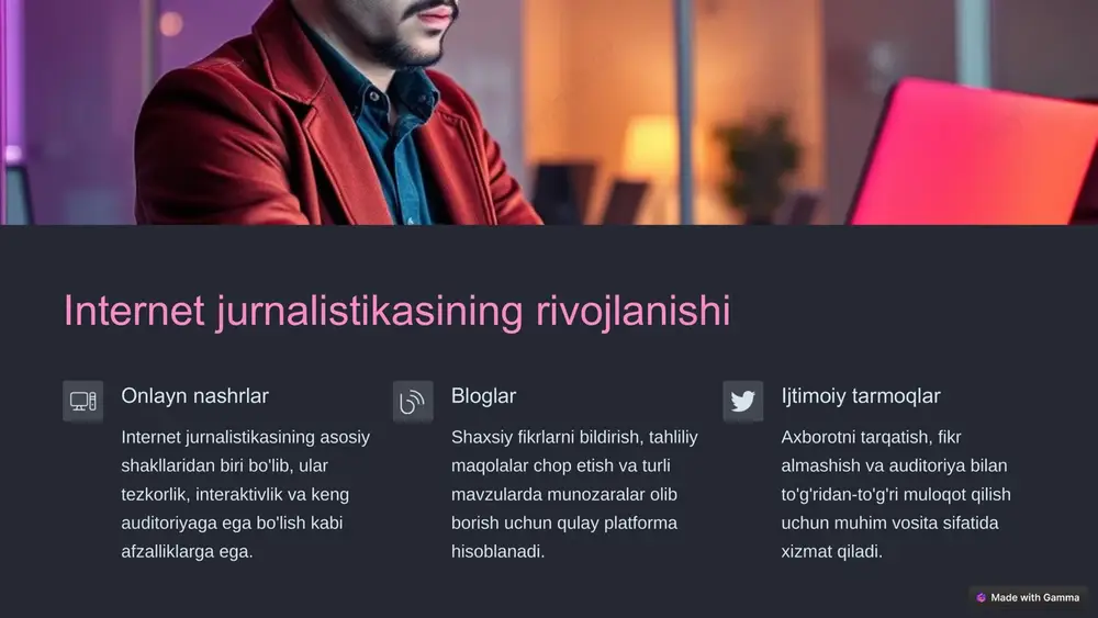 ommalashuvi kutilmoqda. bu esa media tashkilotlariga yangi imkoniyatlar yaratadi va raqobat muhitini yanada kuchaytiradi. 8 xulosa va tavsiyalar 1 qonunchilikni takomillashtirish 2 jurnalistlarni qo'llab-quvvatlash 3 texnologiyalarni joriy etish o'zbekistonda media maydonining rivojlanishi va internet jurnalistikasida raqobat muhitini mustahkamlash uchun qonunchilikni takomillashtirish, jurnalistlarni qo'llab-quvvatlash va yangi texnologiyalarni joriy etish zarur. bu esa jamiyatning axborotga bo'lgan ehtiyojini qondirishga, fikrlar xilma-xilligini ta'minlashga va demokratik jarayonlarni mustahkamlashga xizmat qiladi. 9 image1.png image2.png image3.png image4.png image5.png image6.png image7.png image8.png image9.png image10.png image11.png image12.png image13.png image14.png image15.png image16.png image17.png image18.png image19.png