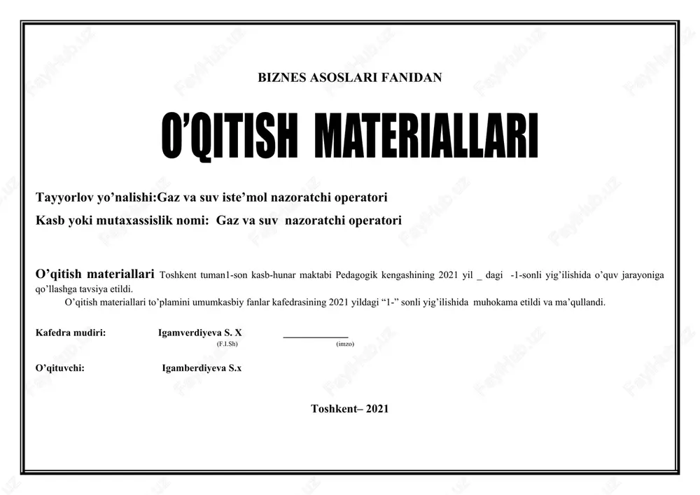 ol- javob,test 5 yuridik shaxs ko’rinishidagi tadbirkorlik faoliyati shakllari 2 amaliy mashg’lot 1 yozma,ogzaki , savol- javob,test 6 tadbirkorlik faoliyati shakllarining afzallik va kamchiliklarini baholash 2 nazariy mashg’ulot 1 yozma,ogzaki , savol- javob,test 7 biznes g’oyalarni shakllantirish va amalga oshirish 2 nazariy mashg’ulot yozma,ogzaki , savol- javob,test 8 shaxsiy biznes faoliyatining tahsis hujjatlarini ishlab chiqish 2 amaliy nashg’ulot 1 yozma,ogzaki , savol- javob,test 9 tadbirkorlik subhektlarining davlat ro’yxatidan o’tkazish 2 nazariy mashg’ulot 1 yozma,ogzaki , savol- javob,test 10 bankda korxona hisob-raqamlarini ochish va rasmiylashtirish 2 amaliy mashg’ulot yozma,ogzaki , savol- javob,test 11 marketing tadqiqotlarini o’tkazish 2 nazariy mashg’ulot 2 yozma,ogzaki , savol- javob,test 12 marketing tadqiqot otkazishning axamiyati va uning bosqichlari 2 amaliy mashg’ulot yozma,ogzaki , savol- javob,test 13 marketing tadqiqot rejasini ishlab chiqish. 2 nazariy mashg’ulot 2 yozma,ogzaki , savol- javob,test 14 mahsulotlar narxini shakllantirish va reklama 2 amaliy mashg’ulot yozma,ogzaki , savol- javob,test 15 reklamaning mazmuni, maqsad va …