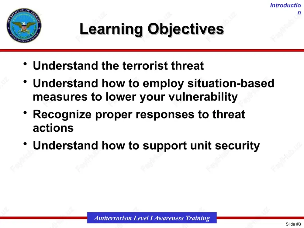 void predictable routines don’t be a target together we will take the fight to the terrorists introduction slide #‹#› antiterrorism level i awareness training 4 the chairman of the joint chiefs of staff has expressed his personal concern about terrorism and the protection of u.s. troops and the personnel that support them. quote: “hello, i’m general dick myers. we’ve learned through tragedies such as the horrific attacks of 11 september 2001, that terrorists are indiscriminate in their actions, not only against our great nation, but also against peaceful and innocent people throughout the world. in my time in uniform, i’ve never seen a more serious threat to our national security and our way of life. thus, my number 1 priority is to win the global war on terrorism. america is taking the war to the enemy, in afghanistan and elsewhere around the world, but this war must be fought on …