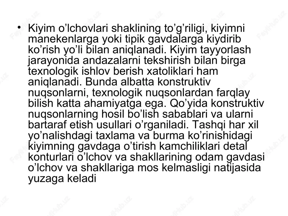 ga suriladi, yoqa o’mozi bo’ylab ortiqcha gazlama qirqib tashlanadi, yeng o’mizidagi gazlama zapasi chiqarib yuboriladi. old bo’lakda yelka chokining va yoqa o’mizining uchidan boshlangan qiya haltimlar bor. hosil bo’lish sababi: a)yoqa o’mizining kengligi bo’yin aylanasiga mos emas; b)yoqaning tik yoqa qirqimi bo’ylab uzunligi kamroq; c)yoqa o’mizining uchi pasaygan. bartaraf etish usuli )yoqa o’mizi kengaytiriladi; b)yoqa kattalashtiriladi; c)yoqa o’mizi uchidagi gazlama zapasi chiqarib yuborilib, yoqa o’mizi balandligi uzaytiriladi. d)old bo’lak yeng o’mizi ichiga ort bo’lakni esa yoqa o’mizi ichiga o’tkazib, old bo’lak yelka qirqimlari ort bo’lakka nisbatan suriladi. bel atrofi yoin chokdan yuqoriga tomon xaltimlar bor. hosil bo’lish sababi: vitachkaning kengligi (yon chokda) kengaygan bartaraf etish usuli bel atrofida yon chokdagi gazlama zapasi chiqarib yuboriladi, zarur bo’lsa, old vitachkaning kengligi xuddi shuncha ko’paytiriladi yoki qo’shimcha vitachka qilinadi. ko’ylak ko’krak qismida osilib qolgan gorizontal xaltim bor. hosil bo’lish sababi: ko’krak qismining oldi uzun-yoqa o’mizining va yeng o’mizining balan-dligi ortiqcha. bartaraf etish usuli …