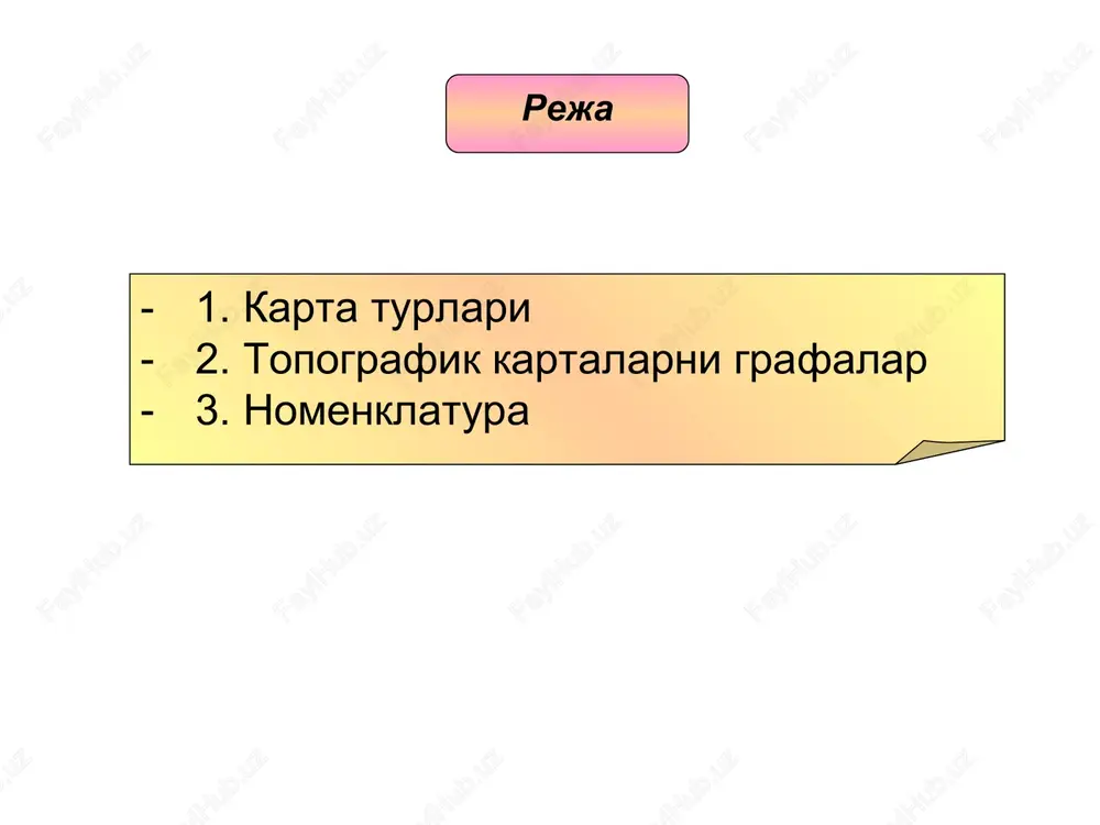 da 10 km) 4° (445 km) 6° (668 km) 1 n-37 mayda masshtabli 1:500 000 (1 sm da 5 km) 2° (222 km) 3° (334 km) 4 n-37-a 1:300 000 (1 sm da 3 km) 1°20′ (148 km) 2° (222 km) 9 iii-n-37 o'rta masshatbli 1:200 000 (1 sm da 2 km) 40′ (74 km) 1° (111 km) 36 n-37-xxvi 1:100 000 (1 sm da 1 km) 20′ (37 km) 30′ (56 km) 144 n-37-144 1:50 000 (1 sm da 500 m) 10′ (19 km) 15′ (28 km) 576 n-37-144-g yirik masshtabli 1:25 000 (1 sm da 250 m) 5′ (9,3 km) 7′ 30″ (14 km) 2304 n-37-144-g-g 1:10 000 (1 sm da 100 m) 2′ 30″ (4,6 km) 3′ 45″ (7 km) 9216 n-37-144-g-g-4 1:5 000 (1 sm da 50 m) 1′ 15″ (2,3 km) 1′ 52,5″ (3,5 km) 36864 n-37-144-(256) plan 1:2 000 (1 sm da 20 m) …