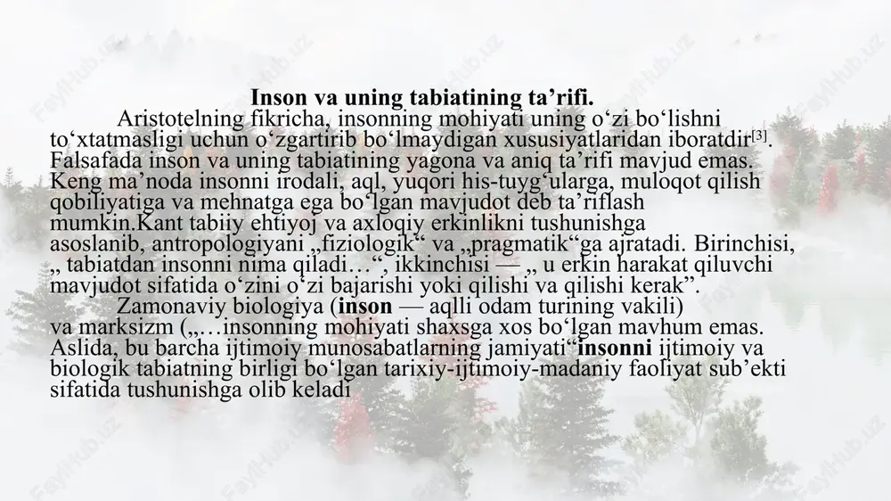 ng mukammali, eng aqlli va donosi, ya'ni eng oliysi, iloh bilan odamlar o‘rtasidagi vositachi, ilohiy amr, ayb asrorini odamlarga yetkazuvchi ulug‘ xomiy, martabada aqli avvalga yaqinlikka intiluvchi, ruhi azaldan ma'lum, u tangri taolo yaratgan eng qudratli ruh, shu sifatlari bilan mutlaq ilohiy hislatlarni jamlagan qayxoniy mavjudlikdir, u oddiy inson suratda ko‘rinsa ham lekin ma'nan koinotni qamrab olgan, hamisha bedor va hamma narsadan xabardor bir zot, kishilik jamiyati ichidan yetishib chiqadigan mo‘tabar zotdir. shu ma'noda, o‘rta asr musulmon sharqida komil insonning o‘ziga xos axloq kodeksi ishlab chiqilgan bo‘lib, bu sifatlarga ega bo‘lish har bir odamning orzu-armoni deb qaralgan. uning asarida asl inson, xos inson va haqiqiy inson tushunchalari bor. bular ichida haqiqiy inson eng komil inson deya ta'riflangan. darhaqiqat, o‘tmish allomalarimizning asarlarini, ta'limotlarini o‘rganish va ularni zamonaviy metodlar asosida tadqiq va tahlil etish qanchalik sharafli ish hisoblansa, uning mas'uliyati ham shunchalik zalvorlidir. biz ham mazkur nomzodlik bitiruv malakaviy ishimizda yuqorida ta'kidlab …