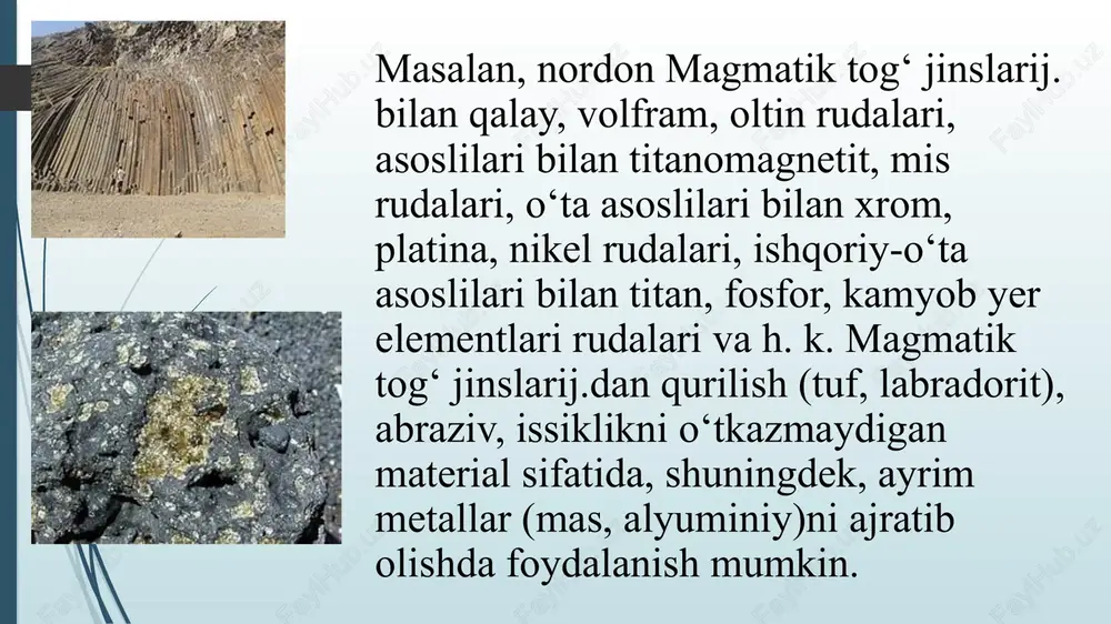 k, qilinadi. effuziv jinslarning kristallanish darajasi magmaning tarkibi va uning kristallanish geologik sharoitiga bogʻliq. 7 yer yuzasida lavaning sovishi va uchuvchi komponentlarning yoʻqolishi birgalikda tez sodir boʻladi. nordon va oʻrtacha lavalar (liparitli, andezitli) yarim kristallangan va asosiy massalarida ingichka (mm ning oʻndan va yuzdan bir kismi) mikrolitlar boʻlgan shishasimon jinslar (obsidian, pemza) hosil qiladi. asosiy va suyuqroq lavalar yer yuzasida yarim kristallangan jinslar koʻrinishida soviydi. effuziv jinslarning teksturalari orasida: massivli, flyuidal, yoʻl-yoʻl flyuidallilar boʻlib, ular turli rangdagi vulkanik shisha, xol-xollilik va mikrolitlar parallel chiziqchali joylashuvi bilan bogʻliq boʻladi. lavadagi gazli pufakchalarning miqdoriga qarab gʻovakli, pufakchali va pemzali teksturalar farq qiladi. boʻshliqlar ikkilamchi minerallar (kvars, opal, seolit, karbonatlar va boshqalar) bilan toʻldirilganda bodomtoshli teksturalar hosil boʻladi. foydalanilgan adabiyotlar ro’yhati: oripova m “geomehanika. ma’ruzalar matni” toshkent 2001-yil. oripova m “geomehanika fanidan laborotoriya ishlarini bajarish uchun qo’llanma” toshkent 1999-yil. internet saytlari: ziyonet.uz, wikpedia.org, muloqot.uz, listverse.com. etiboringiz uchun rahmat image1.jpeg image2.jpeg image3.jpeg image4.jpeg /docprops/thumbnail.jpeg