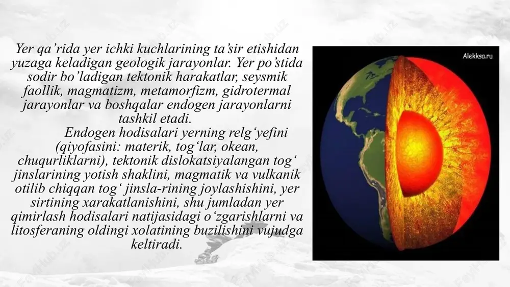 qizilishi kabi o‘zgarishlar ekzogen hodisalarga kiradi. ekzogen hodisalari tashqi omillarning hal qiluvchi roliga qarab klassifikatsiyalanadi: yer sirtidagi oqar suvlar-ning, muzliklarning, dengiz to‘lqinlari va oqimi hamda yer osti suvlarining faoliyati natijasida ro‘y beradigan geologik hodisalar, tirik organizm va insoniyat faoliyati bilan bog‘liq bo‘lgan o‘zgarishlarga bo‘linadi. yerning ichki energiyasi bilan bog‘liq bo‘lgan endogen geologik hodisalar endogen jarayonlarning rivojlanishi ayrim hollarda ekzogen jarayonlar ta’sirida vujudga keladi. ko’pgina geologik hodisalar, foydali qazilmalarni tarkib topishi (mas, neft, toshko’mir va boshqalar) va strukturalarning shakllanishi ekzogen va endogen geologik jarayonlarning bir-biriga bo’lgan aloqasiga bog’likdir. tektonik hodisalar endogen hodisalari natijasida yer qahrida tog‘ jinslari qatlamlarining yotish sharoitlarining buzi-lishi, sinishi, uzilishi, siljishi va joylanish shakllarining o‘zgarishi kabi hodisalarnngi ro‘y berish jarayoniga geotektonik hodisalar deyiladi. tektonik o‘zgarishlar natijasida yer yuzida tog‘lar paydo bo‘ladi. tog‘ deb balandligi dengiz sathidan 200 metrdan ziyod bo‘lgan tepalikka aytiladi. u yoki bu qadar cho‘zilgan shakldagi tepaliklar xrebtlar va katta uzunlikdagisi esa tog‘ zanjiri deyiladi. tog‘lar …