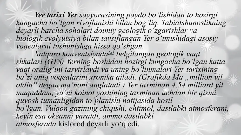 o‘lib, qalinligi 15 km, o‘rtacha qalinligi (m) - 3,0 km. zichligi  = 2,5-2,6 g/sm3 granit qatlami - granitsimon tog‘ jinslaridan tashkil topgan bo‘lib, qalinligitog‘larda 50-80 km; okean tubida 0,5-0,6 km, zichligi  = 2,6-2,7 g/sm3 bazal't qatlami–bazal'tsimon tog‘ jinslardan tarkib topgan, qalinligi tekislikda 20-30 km.; tog‘larda 15-20 km; okean tubida 5-6 km. zichligi  = 2,8-2,9 g/sm3 foydalanilgan adabiyotlar karimov i.a. o’zbekiston buyuk kelajak sari t.:o’zbekiston. 1998. axmedov a.l. muxammad ibn muso al-xorazmiy. t.: sharq. 1983. bulgakov p.g. o’rta osiyo olimlarining bog’doddagi faoliyati. t.: sharqshunoslik jurnali.1-son 1990. gorelov a.a. konsepsii sovremennogo estestvoznaniya. m.: misl. 1998. e’tiboringiz uchun rahmat! image2.jpeg image3.png image4.jpeg image5.png image6.jpeg image1.jpg /docprops/thumbnail.jpeg