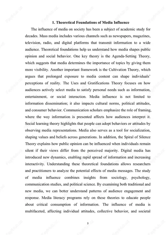 t critical consumption of information. the influence of media is multifaceted, affecting individual attitudes, collective behavior, and societal 4 norms. theoretical frameworks also guide the evaluation of media campaigns, advertising strategies, and public information programs. they help predict how different audiences might react to specific messages. research in this field continues to evolve, reflecting changes in technology, communication practices, and audience behavior. by grounding studies in theoretical foundations, we gain a deeper understanding of how media shapes modern life. 2.practical impact of mass media mass media has a significant practical impact on individuals and society as a whole. newspapers, magazines, television, and radio continue to serve as major sources of news and information for many people. with the rise of the internet and social media platforms, the speed and reach of information dissemination have increased dramatically. social networks such as facebook, twitter, instagram, and tiktok allow users to share content …