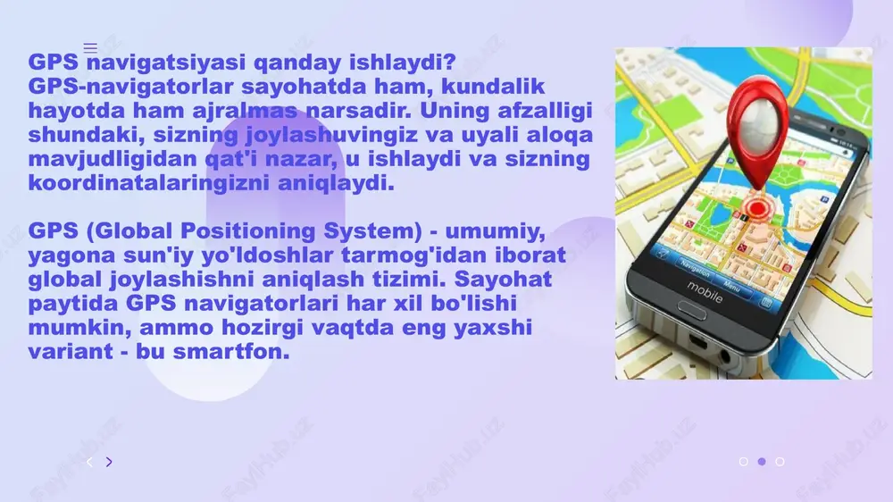 z va suv transporti kema va katerlarning joylashuvini aniqlash suv osti va dengiz marshrutlarini belgilash baliq ovlash hududlarini aniqlash 6. geologiya va kartografiya yer xaritalarini tuzish qidiruv ekspeditsiyalarida joy aniqlash zilzila va geologik monitoring tizimlari 7. sport va sog‘liqni saqlash yugurish va velosportda masofa va marshrutni aniqlash (smart-soatlar) turistik sayohatlarda yo‘ldan adashmaslik ekstremal sport turlarida xavfsizlikni ta’minlash gps yordamida joylashuvni aniqlash jarayoni joylashuvni aniqlash uchun gps tizimi quyidagicha ishlaydi: 1. sun’iy yo‘ldoshlardan signal yuboriladi yer orbitasidagi kamida 24 ta sun’iy yo‘ldosh har bir soniyada o‘z joylashuvi va signal yuborgan aniq vaqtini radio to‘lqinlar orqali yuboradi. 2. qurilma signalni qabul qiladi telefon, navigator yoki boshqa gps qabul qiluvchi qurilma bu signalni qabul qiladi. qanchalik uzoq bo‘lsa, signalning yetib kelish vaqti shunchalik ko‘p bo‘ladi. 3. masofa hisoblanadi har bir sun’iy yo‘ldoshdan signal yetib kelish vaqti asosida u bilan qurilma orasidagi masofa aniqlanadi. (masofa = signal tezligi × vaqt) 4. triangulyatsiya usuli ishlatiladi …
