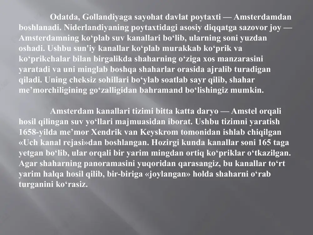 shrif buyuruvchilarga uning barcha qiziqarli joylarini aylanib chiqish uchun bir kun ham yetmaydi. ushbu mashhur joyning asoschilari — tadbirkor kröller oilasi bu yerlardan avval ovchilik uchun foydalanishgan, ammo moliyaviy qiyinchiliklar ularni bu yerlardan voz kechib, davlatga sotishga majbur qilgan. bugungi kunda milliy bog‘ ming gektar maydonni egallab, ko‘plab piyoda yurish yo‘llari, ot va velosiped yo‘laklari, haykallar bog‘i, bir qator restoranlar hamda uchta noyob muzeyni o‘z ichiga oladi. ulardan biri — yer osti hayoti muzeyi bo‘lib, o‘ziga xosligi bilan ajralib turadi. muzeyning zinapoyalari orqali tobora chuqurroq yer ostiga tushar ekansiz, 150 yoshga yetgan qadimiy daraxtning ildiz tizimini, noyob tog‘ jinslarini va ming yildan ortiq vaqt avval yo‘q bo‘lib ketgan hayvonlarning suyaklarini ko‘rishingiz mumkin. bog‘ning shimoliy qismida joylashgan yana bir muzey — gubertusning ovchilik uyi. afsonaga ko‘ra, gubertus kiyikning peshonasida nur sochayotgan xochni ko‘rib, hayvonlarni o‘ldirish odatidan voz kechgan va monastirga ketgan. bog‘ning landshafti juda xilma-xil: nam va quruq cho‘llar, o‘tloqlar va …