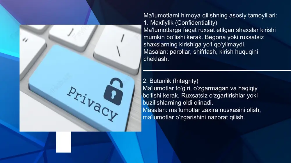rasmiy play market / app store’dan yuklab olasiz (agar mobil uchun boʻlsa). oʻrnatib bo‘lgach, yangi ma’lumotlar bazasi (database) yaratiladi. parol yaratish: entries → add entry tugmasini bosasiz. title — xizmat nomi (masalan: gmail) username — login password — bu yerda generate tugmasi orqali kuchli parol yaratish mumkin. notes qismiga qo‘shimcha ma’lumot yozishingiz mumkin. yangi ma’lumotlar bazasi yaratish: file → new tugmasini bosib, yangi .kdbx fayl yaratasiz. ma’lumotlar bazasi uchun bitta asosiy parol (master password) o‘rnatasiz. bu parol orqali barcha saqlangan ma’lumotlarga kirish mumkin bo‘ladi. xohlasangiz, kalit fayl (key file) yoki windows foydalanuvchi hisobiga bog‘lab qo‘yishingiz ham mumkin. parolni saqlash: yaratganingizdan so‘ng, ok bosib saqlaysiz va .kdbx faylingizni ishonchli joyda (masalan, fleshkada, shifrlangan papkada yoki bulutli xizmatda shifrlangan holatda) saqlab qo‘ying. parolni tarqatish: agar siz parolni birovga yubormoqchi bo‘lsangiz: parolni copy password tugmasi orqali vaqtincha clipboard’ga nusxalaysiz. keyin ishonchli aloqa vositasi orqali (masalan, shifrlangan messenjerdan yoki parolni birdaniga yuboradigan maxsus saytlar …