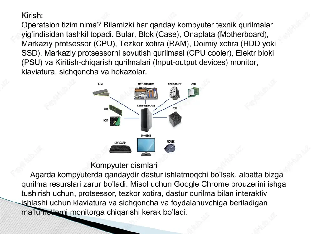 ihatlar bo‘yicha taqqoslash mumkin: ishlab chiqaruvchi windows – microsoft kompaniyasi tomonidan ishlab chiqilgan. linux – ochiq kodli bo‘lib, turli distributsiyalarga ega (ubuntu, debian, fedora va boshqalar). macos – apple kompaniyasi tomonidan ishlab chiqilgan va faqat apple qurilmalarida ishlaydi. xavfsizlik windows viruslar uchun nisbatan himoyasizroq bo‘lib, qo‘shimcha himoya dasturlarini talab qiladi. linux juda xavfsiz, chunki viruslar kam uchraydi va tizim mustahkam himoyalangan. macos ham xavfsizlik darajasi yuqori bo‘lgan yopiq tizim hisoblanadi. buyruq qatori va dasturchilar uchun qulayligi windows’da buyruq qatori kam ishlatiladi, ammo powershell mavjud. linux kuchli terminalga ega bo‘lib, dasturchilar va tizim ma’murlari uchun juda mos. macos unix asosida qurilgan bo‘lib, terminali kuchli va linux’ga o‘xshash. mos keluvchi qurilmalar windows deyarli barcha kompyuter va noutbuklarda ishlaydi. linux istalgan qurilmaga o‘rnatilishi mumkin, shu jumladan eski kompyuterlarga ham. macos faqat apple qurilmalarida ishlaydi. ishlash tezligi windows ba’zan sekinlashishi mumkin, ayniqsa eski kompyuterlarda. linux engil va tez ishlaydi, resurslarni kam sarflaydi. macos optimallashtirilgan …