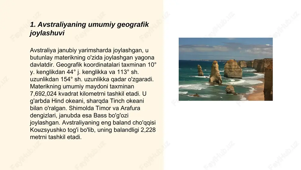 si sifatida xizmat qilgan. uluru, avstraliyaning markaziy qismida joylashgan, 550 million yildan ko'proq vaqt davomida shakllangan tabiiy yodgorlik. hebburn ko'chirmachilik merosi joyi 19 va 20-asrlardan yaxshi saqlanib keladi. bu joylar avstraliyaning geografik va madaniy o‘zgarishlarini aks ettiradi. ... t.me/slaydai_bot 7. aborigen madaniyati va turizm aborigen madaniyati va turizm – avstraliya va boshqa mintaqalarda aborigen xalqlarining boy madaniy merosini o'rganish va undan bahramand bo'lish imkoniyatini taqdim etadi. avstraliyada aborigen madaniyati 60,000 yildan ortiq tarixga ega bo'lib, turli san'at, musiqa va raqs an'analari bilan mashhur. har yili minglab sayyohlar aborigen tasviriy san'ati galereyalarini, milliy bog'larni va madaniy tadbirlarni tomosha qilish uchun tashrif buyuradilar. bu turizm sanoatiga yiliga taxminan 250 million avstraliya dollari daromad keltiradi. qo'riqlanadigan hududlar va mahalliy ko'rgazmalar orqali aborigen madaniyati saqlanib kelmoqda va yangi avlodlar uchun namoyish etilmoqda. ... t.me/slaydai_bot sidney - avstraliyaning eng yirik shahri va iqtisodiy markazi bo'lib, aholi soni 5,3 milliondan oshadi. shahar 1788-yilda tashkil etilgan va …