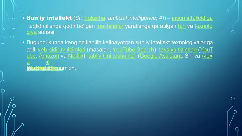 lmoqda 📌 xulosa: sun’iy intellekt — bu katta hajmdagi va murakkab ma’lumotlarni tez, aniq va samarali tahlil qilish imkonini beruvchi zamonaviy vosita bo‘lib, inson hayotini yengillashtirish va qaror qabul qilish sifat ai yordamida amalga oshirilgan loyiha: google earth engine 🌍 loyiha tavsifi: google earth engine — bu sun’iy intellekt va bulutli hisoblash texnologiyalaridan foydalangan holda sayyoramiz yuzasini tahlil qilish va monitoring qilish uchun yaratilgan platforma. 📊 nima qiladi? google earth engine ai algoritmlari yordamida sun’iy yo‘ldosh suratlari va geografik ma’lumotlarni tahlil qilib o‘rmonlarning kesilishi suv resurslarining kamayishi yoki ko‘payishi shaharlarning kengayishi iqlim o‘zgarishining ta’siri qurg‘oqchilik yoki suv toshqinlari xavfini oldindan aniqlash kabi jarayonlarni kuzatib boradi. sun’iy intellektning roli: suratlarni tanib olish: sun’iy yo‘ldosh suratlaridagi o‘rmon, suv, tuproq va boshqa geografik ob’ektlarni avtomatik aniqlash va ajratib berish. tendensiyalarni tahlil qilish: ma’lumotlar asosida yer qoplamasidagi o‘zgarishlarni yillar davomida tahlil qilib, xaritalar va grafikalar hosil qilish. bashorat qilish: ai modeli yordamida kelajakdagi ekologik …