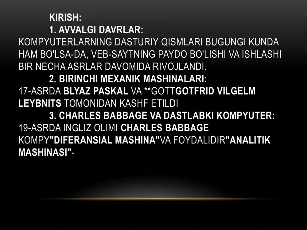 i): vazifasi: faol ishlayotgan dasturlar va ma'lumotlarni vaqtincha saqlaydi, shuning uchun cpu tezda ularga kirish imkoniyatiga ega bo'ladi. o'zaro aloqasi: cpu bilan ma'lumotlarni tezkor o'qish va yozish uchun doimiy aloqada bo'ladi. agar ramda joy yetmasa, ma'lumotlar qattiq diskka saqlanadi. onalik platalari (motherboard): vazifasi: kompyuterning barcha qismlarini bir-biriga ulaydi va ma'lumotlar oqimini boshqaradi. o'zaro aloqasi: cpu, ram, qattiq disk, va boshqa qurilmalar onalik platasida joylashgan va ular orasidagi aloqani ta'minlaydi. qattiq disk (hdd yoki ssd): vazifasi: doimiy saqlash qurilmasi bo'lib, operatsion tizim, dasturlar va foydalanuvchi ma'lumotlarini uzoq muddat saqlaydi. o'zaro aloqasi: onalik platalari orqali cpu va ram bilan aloqada bo'ladi, ma'lumotlarni o'qish va yozish jarayonlarini boshqaradi. quvvat manbai (power supply): vazifasi: kompyuterning barcha qismlariga kerakli elektr ta'minotini beradi. o'zaro aloqasi: onalik platalari va boshqa barcha komponentlarga elektr quvvatini yetkazib beradi. sovutish tizimi (cooling system): vazifasi: kompyuterni haddan tashqari issiqlikdan saqlaydi. o'zaro aloqasi: cpu va gpu (grafik protsessor) kabi issiqlik chiqaruvchi qismlar …