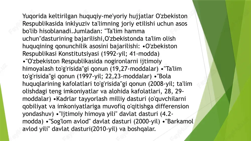ta'lim ehtiyojlarini qondirish uchun zarur shart-sharoitlar yaratish; •inklyuziv ta'lim muhitida ishlayotgan pedagoglarga malakali uslubiy yordam ko'rsatish va ragbatlantirish; •uyg'un rivojlangan avlodni tarbiyalashga qaratilgan davlat siyosatini ta'lim vositalari yordamida qo'llab-quvvatlash. mazkur maqsadlarga erishish,quyidagi vazifalar majmuasining amalga oshirilishini taqozo etadi: •imkoniyatlari cheklangan bolalarning ehtiyojlaridan kelib chiqib,maxsus integratsiyalashgan(inklyuziv) ta'lim mazmunini ilmiy-uslubiy jihatdan ishlab chiqish; •maxsus integratsiyalashgan (inklyuziv) ta'limni uning barcha pog'onalarida tashkil etish, boshqarish va muvofiqlashtirish prinsiplari va mexanizmlarini ishlab chiqish; •maxsus integratsiyalashgan (inklyuziv) ta'limning huquqiy asoslarini takomillashtirish, uning me'yoriy huquqiy jihatdan ta'minotini ta'lim siyosatini maqsad va vazifalariga moslashtirish; •bolalarning ehtiyojlaridan kelib chiqqan holda sifatli ta'lim olishida teng imkoniyatlarga ega bo'lishining davlat tomonidan kafolatining amalga oshirilishini ta'minlaydigan tashkiliy boshqaruv mexanizmlarini yaratish; •maxsus integratsiyalashgan (inklyuziv) ta'lim muammolarini ilmiy-nazariy va ilmiyuslubiy nuqtai nazardan ishlab chiqilishini ta'minlaydigan ilmiy-pedagogik kadrlarning kasbiy tayyorgarligi va malakasini oshirish; •maxsus integratsiyalashgan (inklyuziv) ta'lim muassasalari uchun pedagogik kadrlar tayyorlash, malakasini oshirish ishlarini takomillashtirish; •o'zbekistonning bu faoliyatga davlat, jamoatchilik tashkilotlari,ota-onalarni keng jalb qilishga …