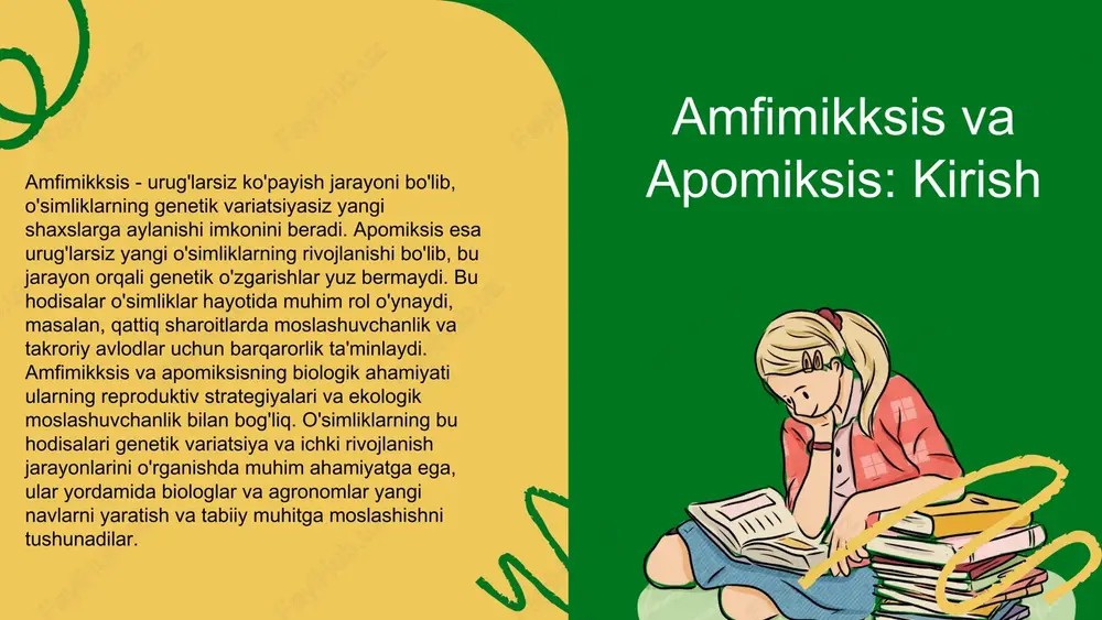 beradi, bu esa ishlab chiqarishni samarali qiladi. biologik va ilmiy ahamiyati amfimikksis va apomiksis evolyutsiya, genetik barqarorlik, ilmiy tadqiqotlar va biologik xilma-xillikni saqlashda muhim. ular genetik turlarni o'rganishda va tabiiy muhitni tushunishda yordam beradi. amfimikksis hodisasi urug'lar bilan ishlashda bir nechta muhim foydalarga ega: - genetik xilma-xillikni oshirish imkonini beradi, bu esa o'simliklar adaptatsiyasini kuchaytiradi. - yangi va samarali o'simlik turlarini rivojlantirish uchun asos bo'lib xizmat qiladi. - kasalliklar va zararkunandalarga qarshi muhofaza qilishda muhim rol o'ynaydi, bu esa qishloq xo'jaligida hosildorlikni oshiradi. - ekologik barqarorlikni ta'minlab, muhitga moslashuvchanlikni oshiradi, bu esa atrof-muhit muhofazasiga yordam beradi. bu usul qishloq xo'jaligi va biologik xilma-xillikni rivojlantirishda muhim ahamiyatga ega. amfimikksisning foydali tomonlari apomiksisning foydali tomonlari apomiksis o'simliklarning genetik barqarorligini ta'minlaydi, qishloq xo'jaligida resurslarni tejashga yordam beradi va muhim turlarni avloddan-avlodga o'tkazishda imkon yaratadi. bu usul o'simliklarning moslashuvchanligini oshiradi va ishlab chiqarishni samarali qiladi. apomiksis tabiiy yoki texnik nazorat ostida bo'lishi mumkin. u …