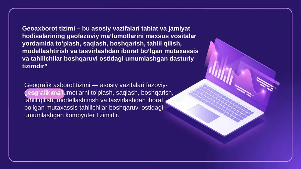 a daryosi. 3d ko‘rinish: binolar va tabiat manzaralarini 3d rejimda tomosha qilish mumkin. street view (ko‘cha ko‘rinishi): ko‘chalarni yurib ko‘rish uchun odamcha belgisini kerakli joyga tashlaysan. layerlar: turli ma’lumot qatlamlarini qo‘shish (yo‘llar, rasmlar, chegara chiziqlari, iqlim ma’lumotlari va hokazo). voyage (sayohat turlari): tayyor qilingan qiziqarli sayohatlarni tomosha qilish. 3. maxsus imkoniyatlar (kompyuterda yoki pro versiyada) joy belgilash (placemark) masofa o‘lchash (line, path) joy fayllarini yuklab olish va ochish (kml/kmz formatlarida) tarixiy rasmlar (o‘tmishdagi suratlarni ko‘rish) 4. qanday foydalansa bo‘ladi? dunyoni aylanish shaharlarni, yurtlarni o‘rganish o‘quv loyihalari uchun xaritalar tayyorlash masofa va maydonlarni o‘lchash gat (gis) yordamida metodlar: 1. ma’lumotlarni yig‘ish va import qilish gps qurilmalaridan yoki shapefile, geojson, kml kabi fayllardan ma’lumotlarni tizimga yuklash. rastr va vektor ma’lumotlar bilan ishlash. 2. ma’lumotlarni vizuallashtirish xaritalarda turli qatlamlarni yaratish: masalan, aholi zichligi, yer resurslari, iqlim zonalari. rang va belgilar yordamida atributlar asosida farqlash. 3. prostoriy (makoniy) tahlil buffer tahlili — ob’ekt atrofidagi …
