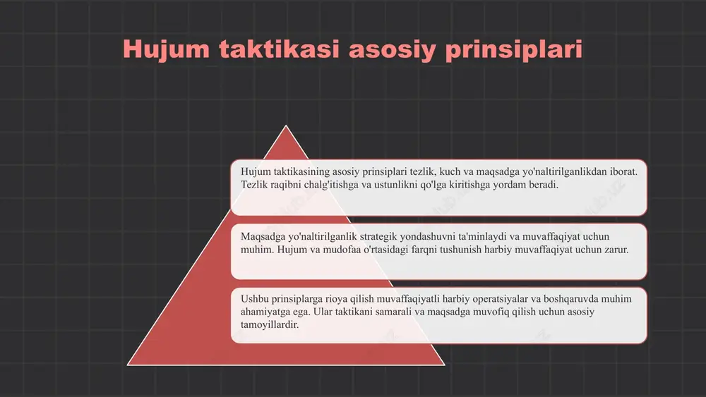 oshiradi. zamonaviy urushlarda robotlar va avtomatlashtirilgan tizimlar hujum taktikalarining ajralmas qismi bo'lib, jang maydonini o'zgartirmoqda. bu tendensiya xavfsizlik va mudofaa strategiyalarini qanday shakllantirishini ko'rsatadi. shuningdek, kiber hujumlar keng tarqalmoqda, bu esa raqamli infrastrukturaga katta ta'sir ko'rsatadi. hujum taktikasi rivojlanishining istiqbollari texnologik yangiliklar bilan birga, hujumchilarning taktikalarini ham adaptatsiya qilishini talab etadi. yangi tendensiyalar va texnologiyalar hujum strategiyalarini doimiy yangilab borishini ta'minlaydi. hujum taktikasi xatoliklari rejalashtirish va strategiya tayyorlashdagi kamchiliklar hujum muvaffaqiyatiga salbiy ta'sir qiladi. dushman harakatlariga javob bermaslik yoki xavfsizlik choralarini unutmash xatolik hisoblanadi. texnologik imkoniyatlarni noto'g'ri baholash va zamonaviy qurollarni noto'g'ri qo'llash katta xato hisoblanadi. xatoliklarni tahlil qilish va ularning ta'sirini o'rganish strategik kamchiliklarni aniqlash va tuzatishga yordam beradi. xatoliklar tahlili rejalashtirishdagi kamchiliklar muvaffaqiyatni buzadi. ehtiyotkorlik bilan keng tahlil qilish muhim. ma'lumot yetishmasligi katta muammo. aniq razvedka va strategik ma'lumotlar muvaffaqiyat uchun zarur. resurslarni noto'g'ri taqsimlash samaradorlikni kamaytiradi. optimal taqsimot yutuqni ta'minlaydi. xatoliklarni oldini olish uchun rejalashtirish, ma'lumot yig'ish …