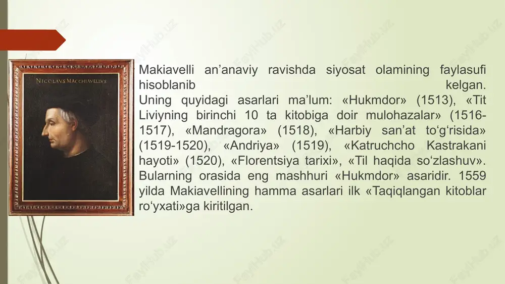 ramaydi. har qanday qarorning shubhali ekaniga tan berish kerak. chunki odatda bir ko‘ngilsizlikka chap berib, ikkinchisiga ro‘para bo‘lamiz. ammo barcha ko‘ngilsizliklarni taroziga solib, eng oz darajadagisini ezgulik deb qadrlash aqllilikdir. * * * yaxshilik ham xuddi yomonlik kabi nafrat uyg‘otishi mumkin. * * * garchi yangi tartiblar odamlar ongini o‘zgartirsa-da, eskisini imkon qadar ko‘proq saqlab qolish kerak. hech bir ish yo‘qki, uning amalga oshishi eski tartiblarni yangilari bilan almashtirishga nisbatan og‘irroq, kechishi xavfliroq, muvaffaqiyati shubhaliroq bo‘lsin. yangi tartiblarni joriy etishni boshlagan har bir odamni eski tartib tarafdorlarining adovati, yangilaridan manfaatdorlarning beparvoligi kutadi. beparvolikni qisman qonun himoyasidagi raqibdan cho‘chish, qisman amaliyotda ijobiy baho olmaguncha yangilikka ishonmaydigan odamlarning ishonchsizligi bilan izohlash mumkin. eskilik tarafdorlari imkoniyat tug‘ilishi hamonoq shiddat bilan xuruj qilganda, yangilik tarafdorlari sustkashlik bilan mudofaaga o‘tadilar. * * * faqat o‘zingga va jasoratingga asoslangan himoyadan yaxshirog‘i, ishonchlirog‘i, pishiqrog‘i yo‘q. makiavellining yaratgan tarixida ilohiy qudrat uchun joy yo‘qdir. jamiyatdagi barcha voqealar va …