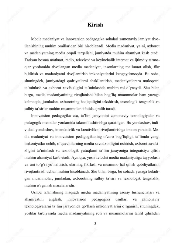 shi mumkin. media madaniyatining rivojlanishi bilan bog‘liq muhim jihatlardan biri, uning insonlarning dunyoqarashini kengaytirish va madaniyatlararo muloqotni ta’minlash imkoniyatidir. bu jarayon, insonlar o‘rtasida madaniyatlararo tushunishni rivojlantirishga yordam beradi va ko‘plab madaniyatlarning boyligini namoyish etadi. biroq, media madaniyatining rivojlanishi bilan bog‘liq muammolar ham mavjud. bu muammo, axborotning salbiy ta'siri, texnologik tengsizliklar, va axborotni noto‘g‘ri talqin qilish bilan bog‘liqdir. shuningdek, media madaniyatining rivojlanishi, yoshlar orasida media savodxonligini oshirish, axborot xavfsizligini ta'minlash va texnologiyalarni to‘g‘ri qo‘llash muhim vazifalarni o‘z ichiga oladi. zamonaviy media madaniyati, nafaqat axborot tarqatish vositasi bo‘lib qolmay, balki insonlarning kreativlik va fikrlash qobiliyatlarini rivojlantirishda muhim rol o‘ynaydi. bu, ayniqsa, innovatsion pedagogika usullari bilan uyg‘unlashganida, ta’lim jarayonini yanada samarali qilish imkonini beradi. media madaniyatining yoshlar tarbiyasidagi roli katta bo‘lib, ularni zamonaviy texnologiyalar yordamida dunyo bilan bog‘lab, ularning fikrlash, tanqid qilish va kreativlik qobiliyatlarini rivojlantirishga xizmat qiladi. shu bilan birga, media madaniyatining salbiy tomonlari ham bo‘lib, ular orasida axborotning haqiqatligini tekshirish muammosi, …